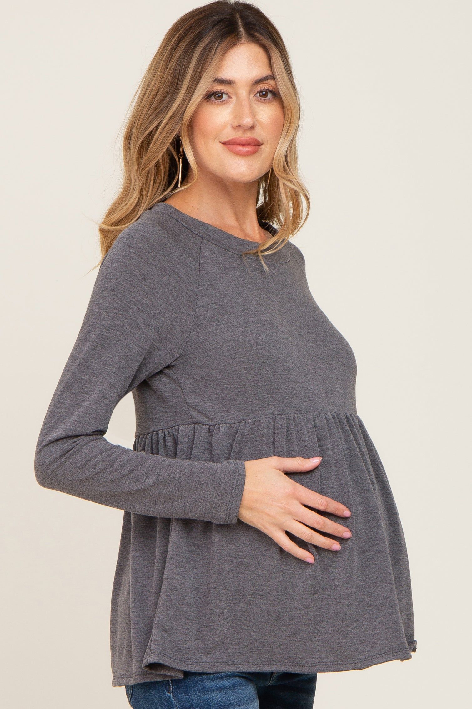 Charcoal Brushed Knit Long Sleeve Peplum Maternity Top sold by Pinkblush product image thumbnail 2