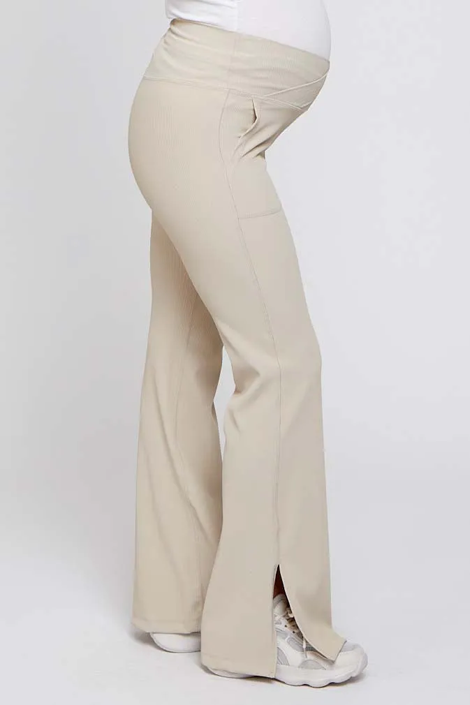 Beige V-Waist Ribbed Bootcut Maternity Leggings sold by Pinkblush product image thumbnail 3