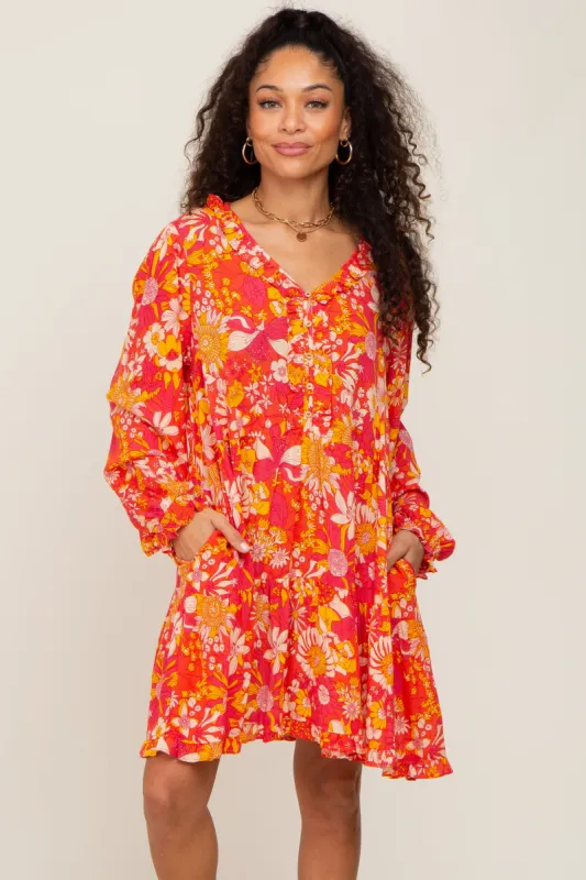 Coral Floral Button Front Ruffle Accent Dress sold by Pinkblush