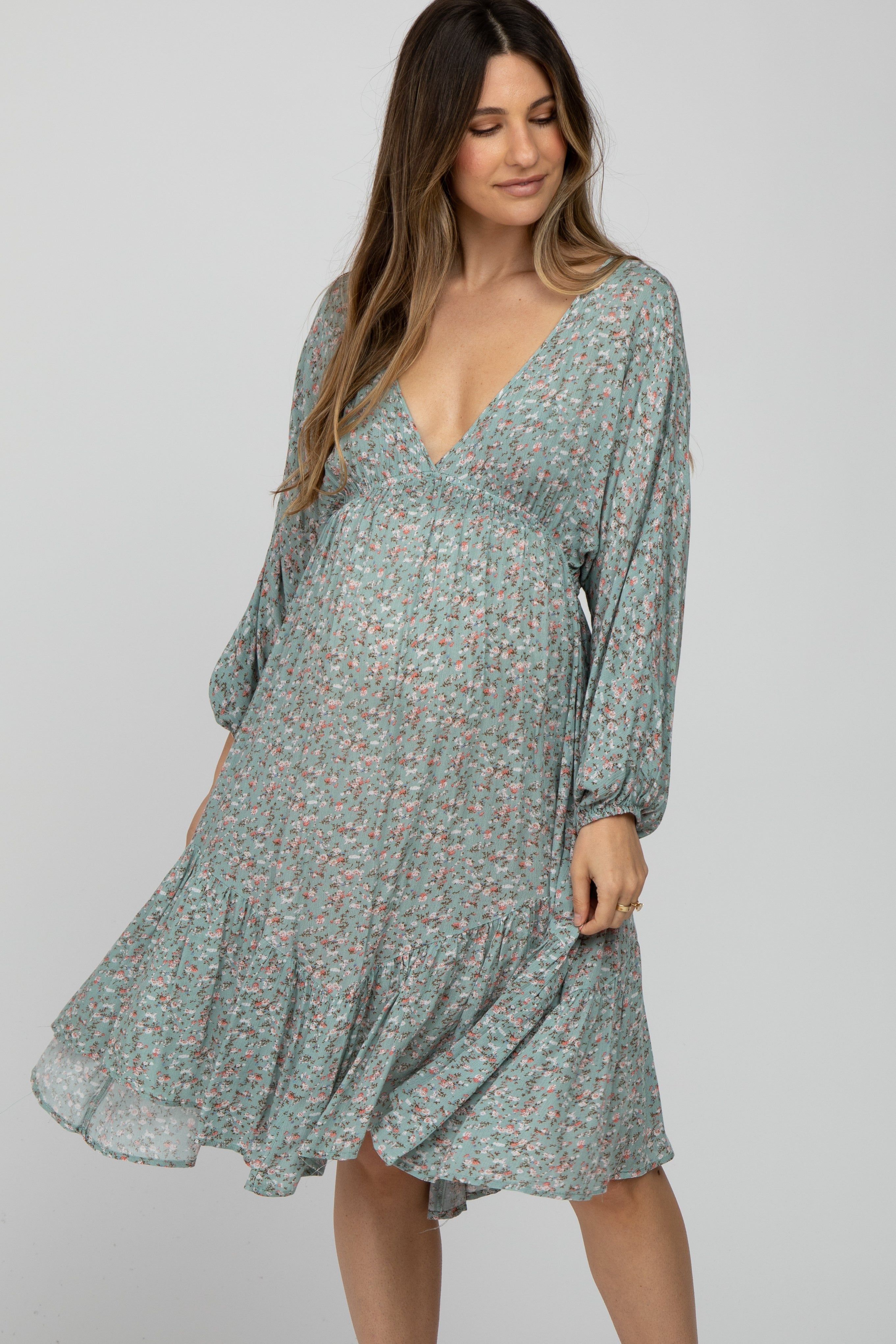Sage Ditsy Floral V-Neck Handkerchief Maternity Dress sold by Pinkblush product image thumbnail 2