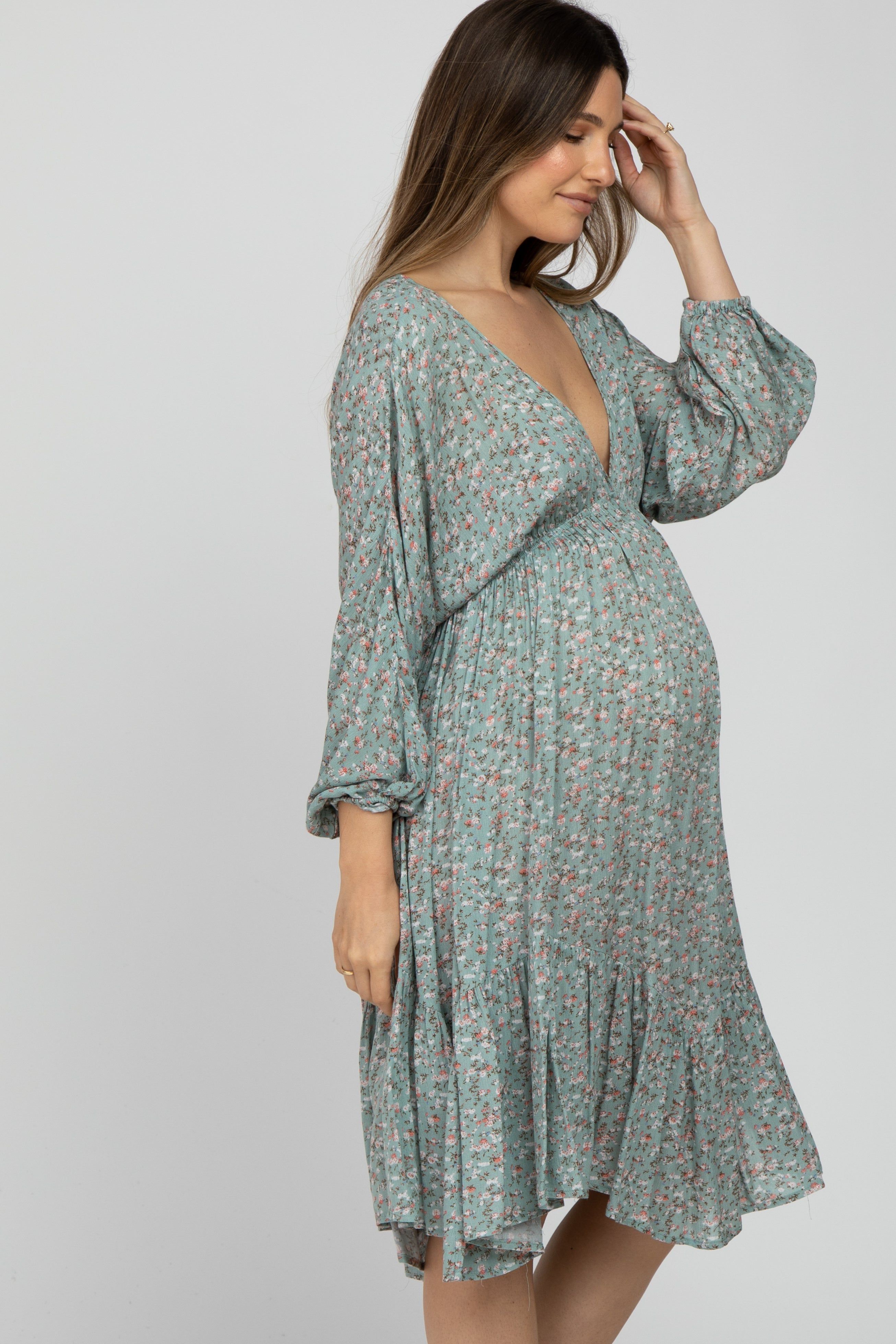 Sage Ditsy Floral V-Neck Handkerchief Maternity Dress sold by Pinkblush product image thumbnail 3
