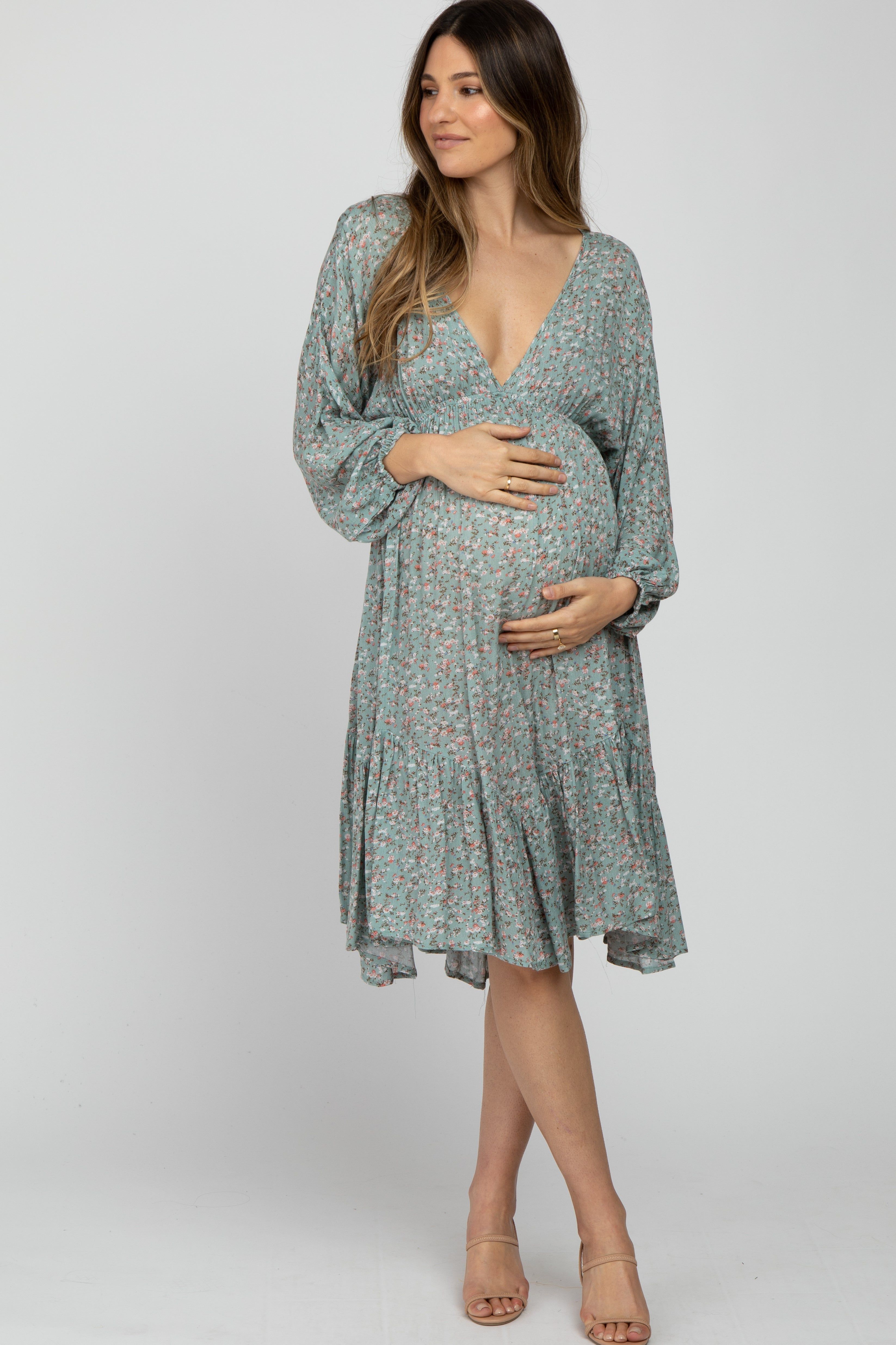 Sage Ditsy Floral V-Neck Handkerchief Maternity Dress sold by Pinkblush