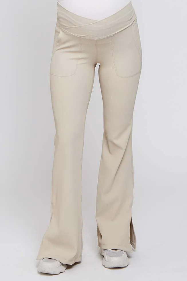 Beige V-Waist Ribbed Bootcut Maternity Leggings sold by Pinkblush product image thumbnail 2