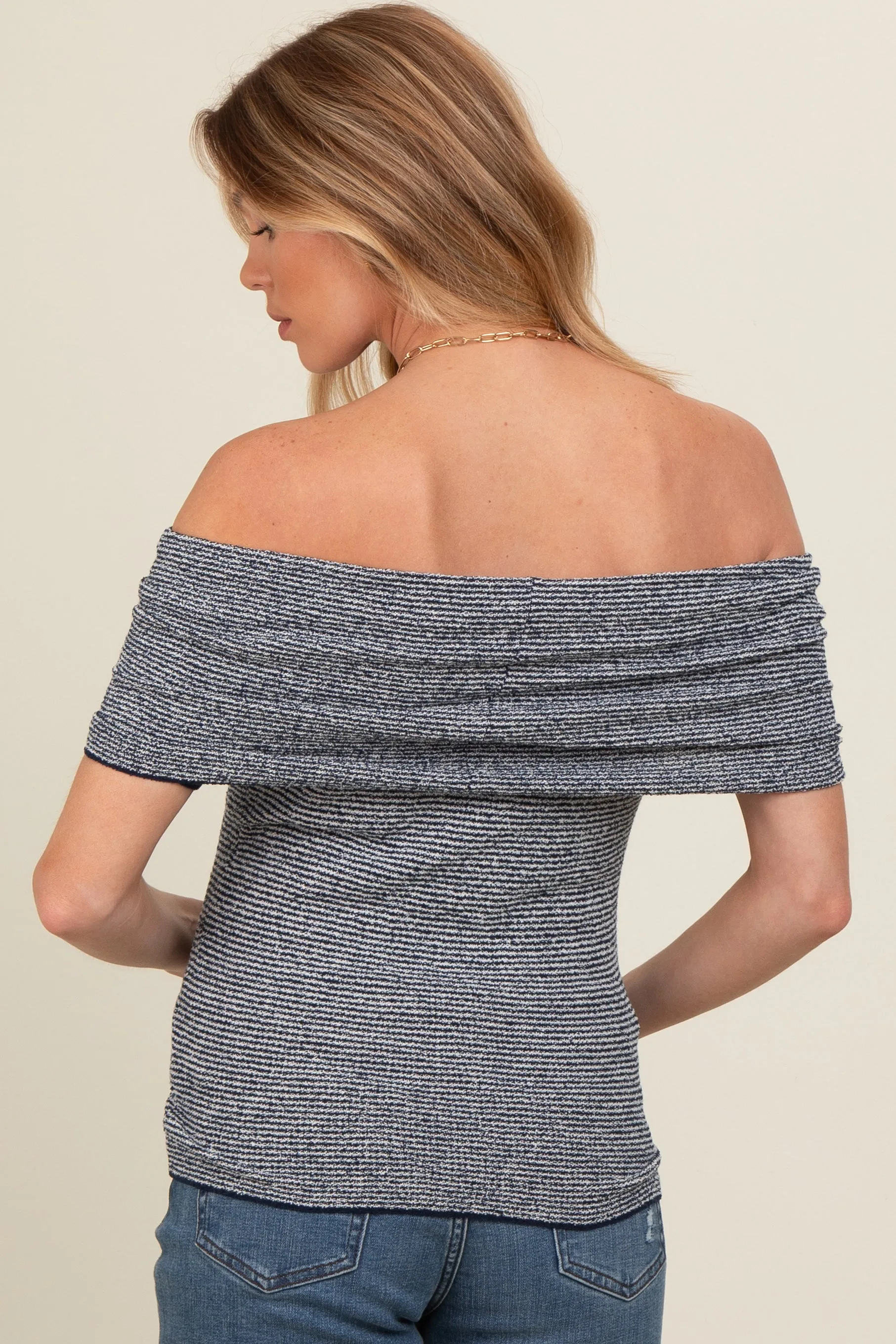 Navy Blue Off Shoulder Striped Maternity Top sold by Pinkblush product image thumbnail 3