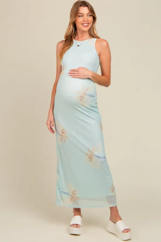 Light Blue Floral Mesh Overlay Maternity Midi Dress sold by Pinkblush