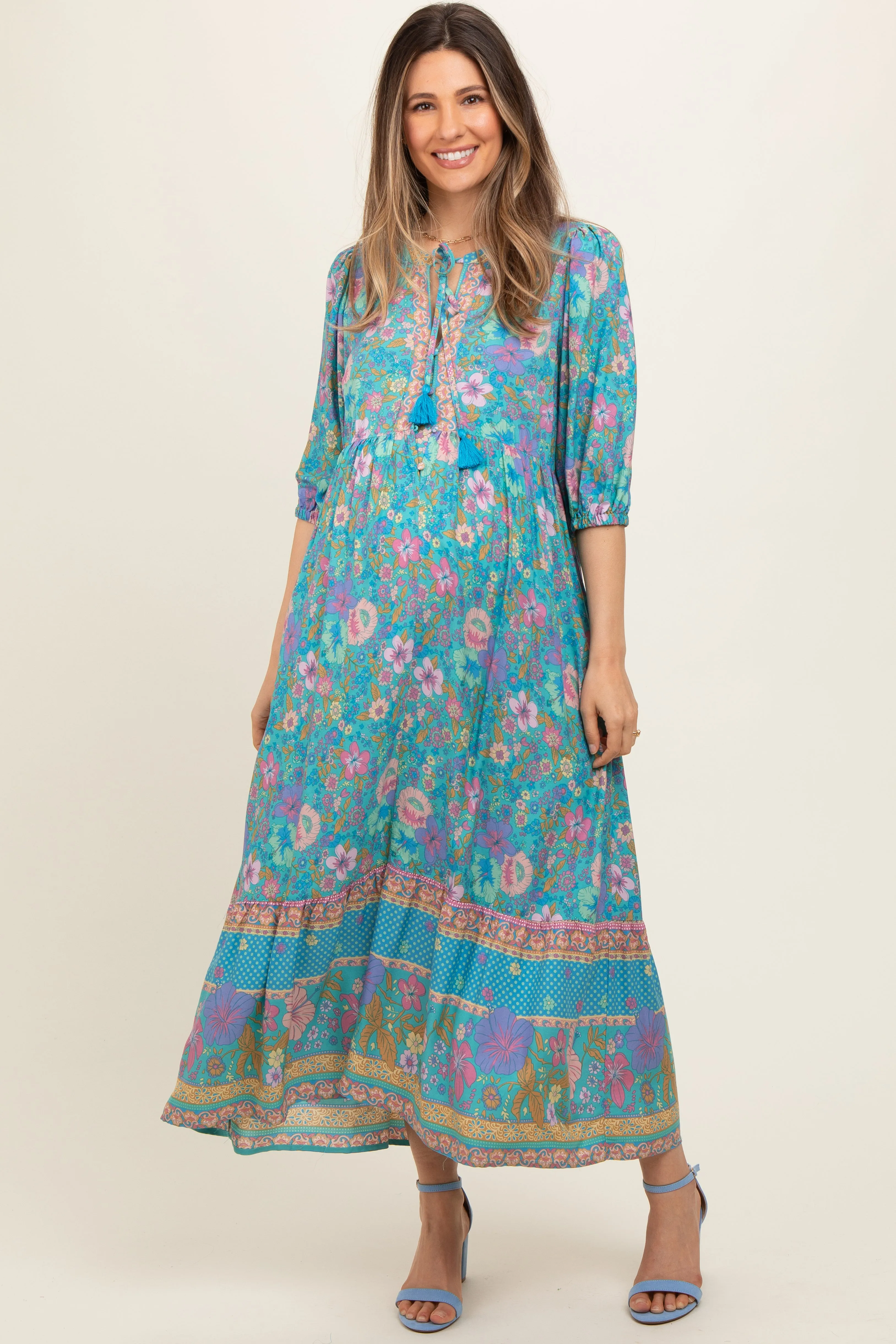 Turquoise Floral Tassel Tie Maternity Maxi Dress sold by Pinkblush
