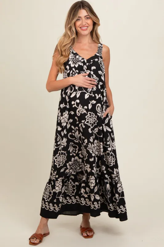 Black Floral Tie Back Maternity Maxi Dress sold by Pinkblush