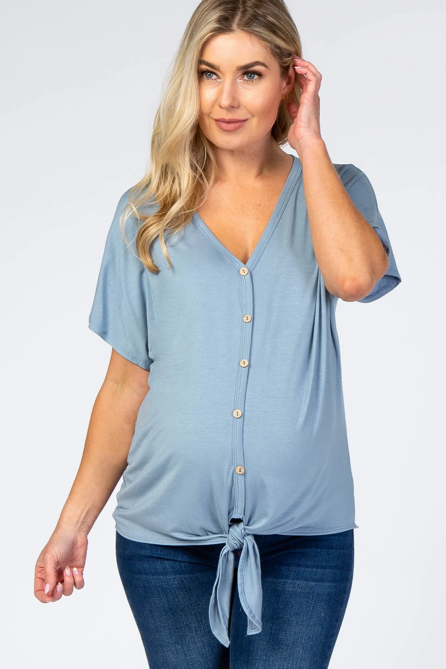 Light Blue Tie Front Short Sleeve Maternity Top sold by Pinkblush
