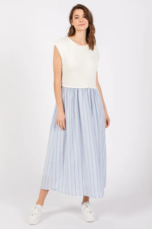 Light Blue Knit Striped Skirt Pocketed Sleeveless Midi Dress sold by Pinkblush