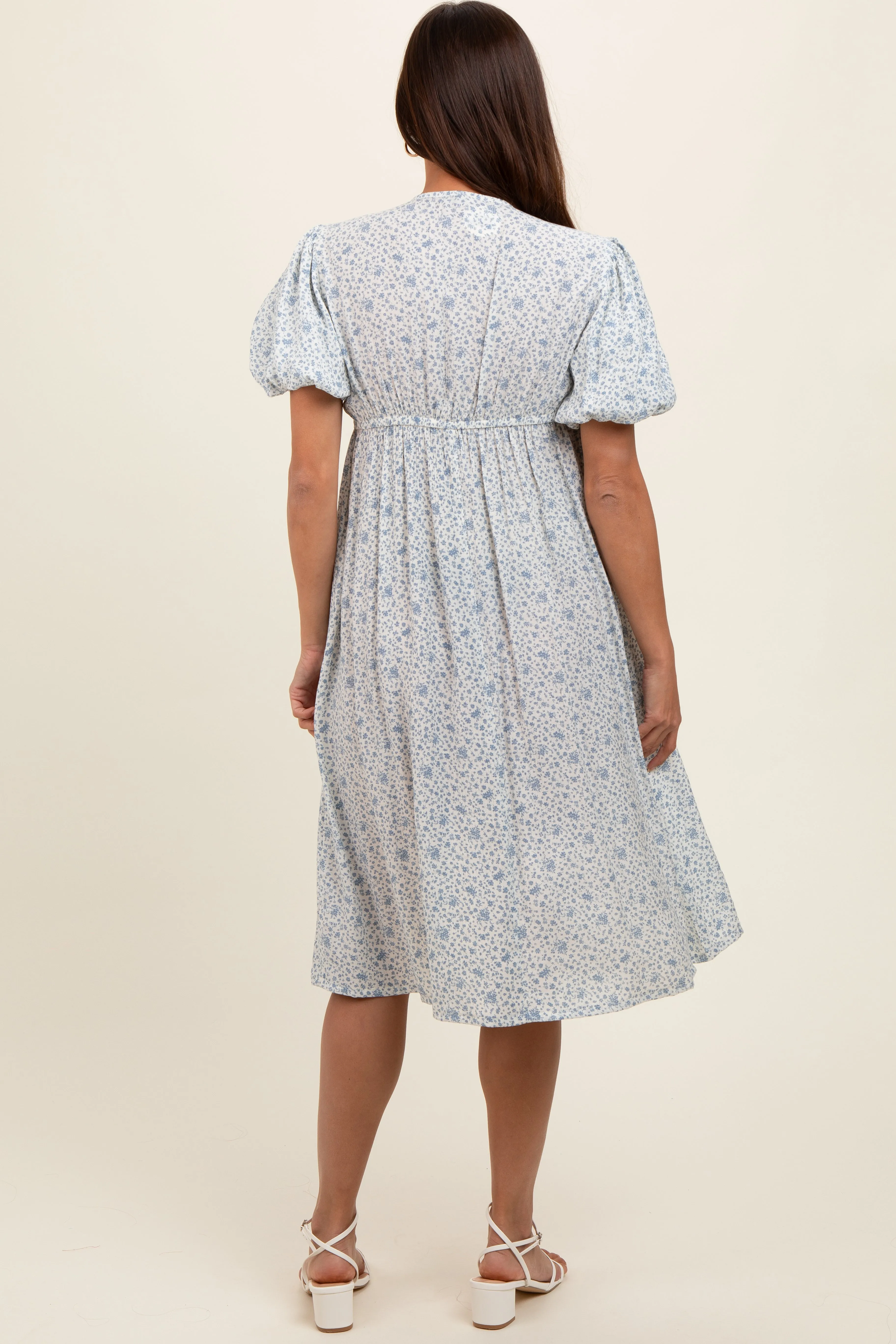 Light Blue Floral Puff Sleeve Maternity Midi Dress sold by Pinkblush product image thumbnail 2