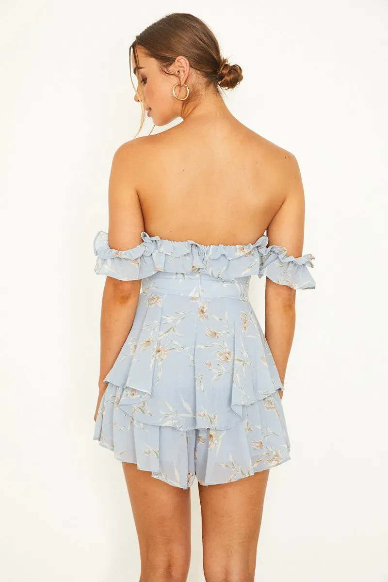 Blue Floral Ruffle Off The Shoulder Mini Romper sold by Pinkblush product image thumbnail 3