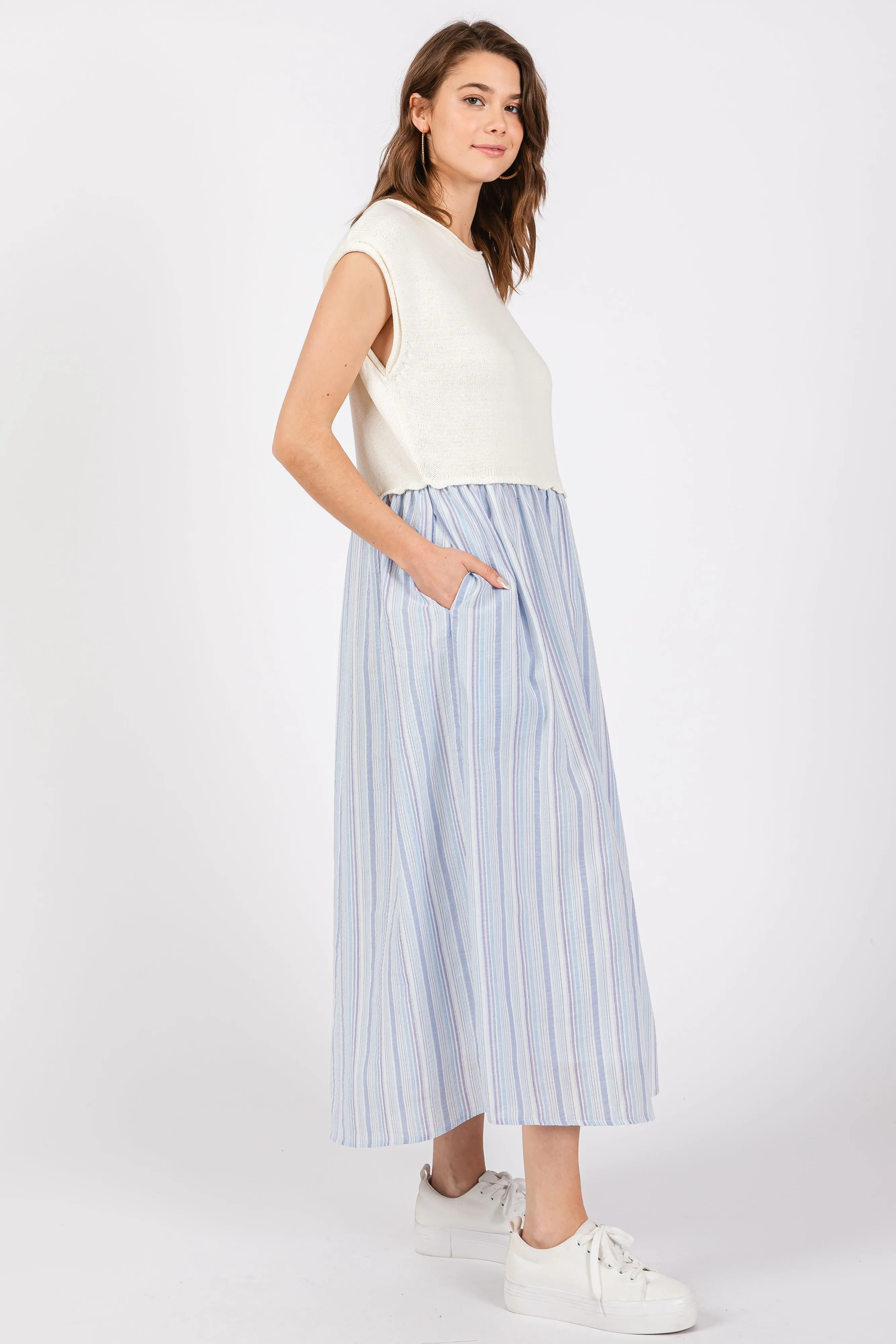 Light Blue Knit Striped Skirt Pocketed Sleeveless Midi Dress sold by Pinkblush product image thumbnail 2