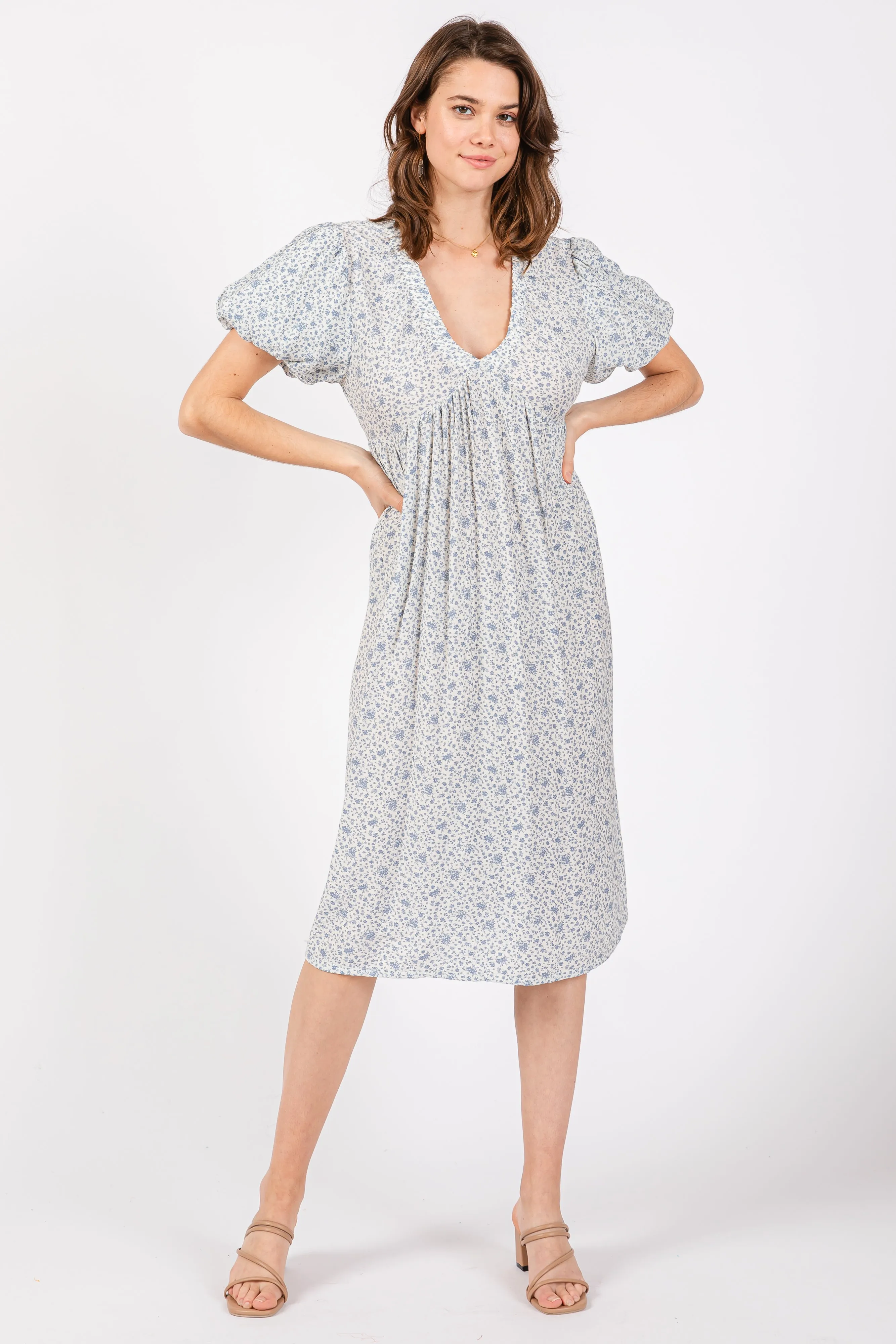 Light Blue Floral Puff Sleeve Maternity Midi Dress sold by Pinkblush product image thumbnail 3
