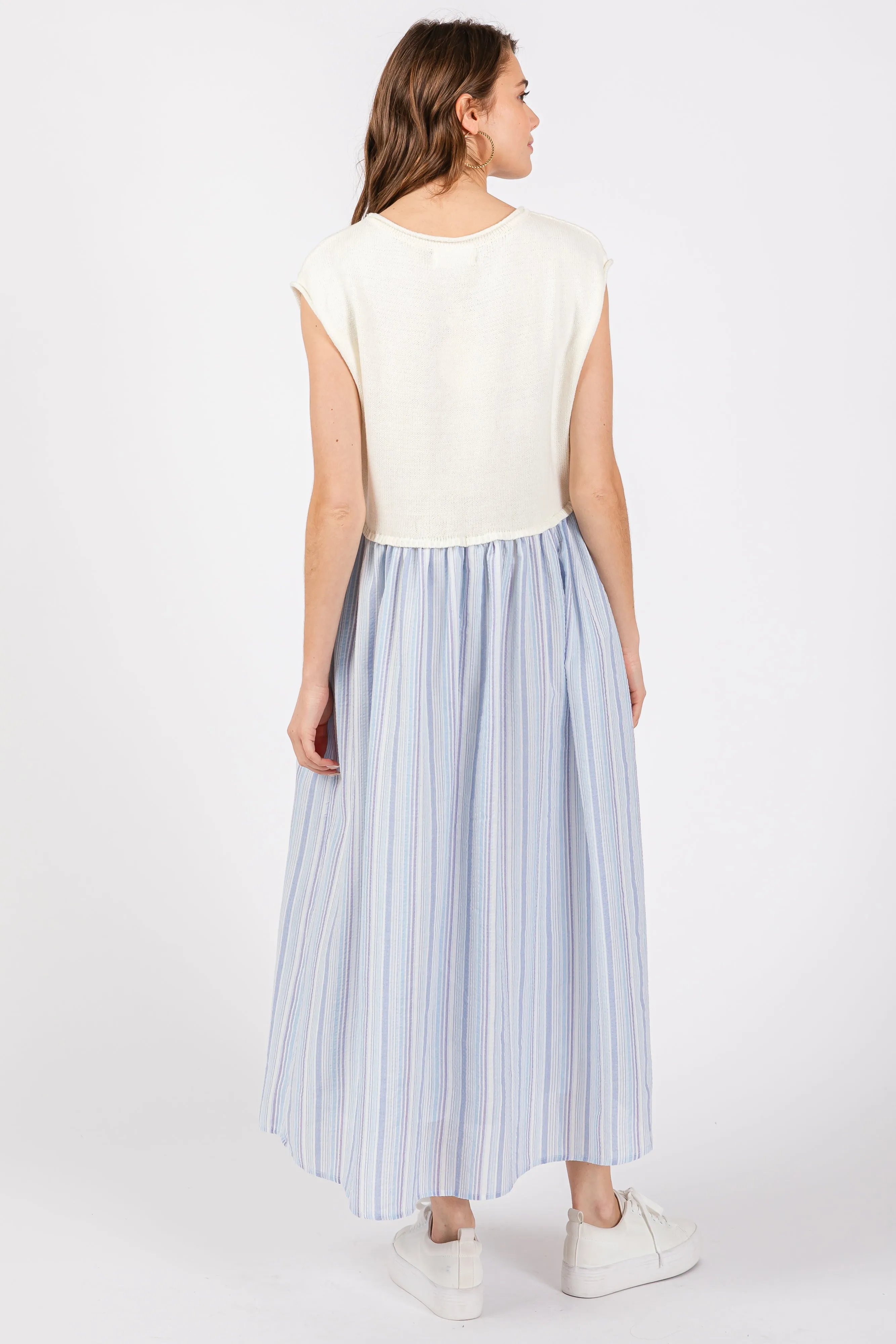 Light Blue Knit Striped Skirt Pocketed Sleeveless Midi Dress sold by Pinkblush product image thumbnail 3