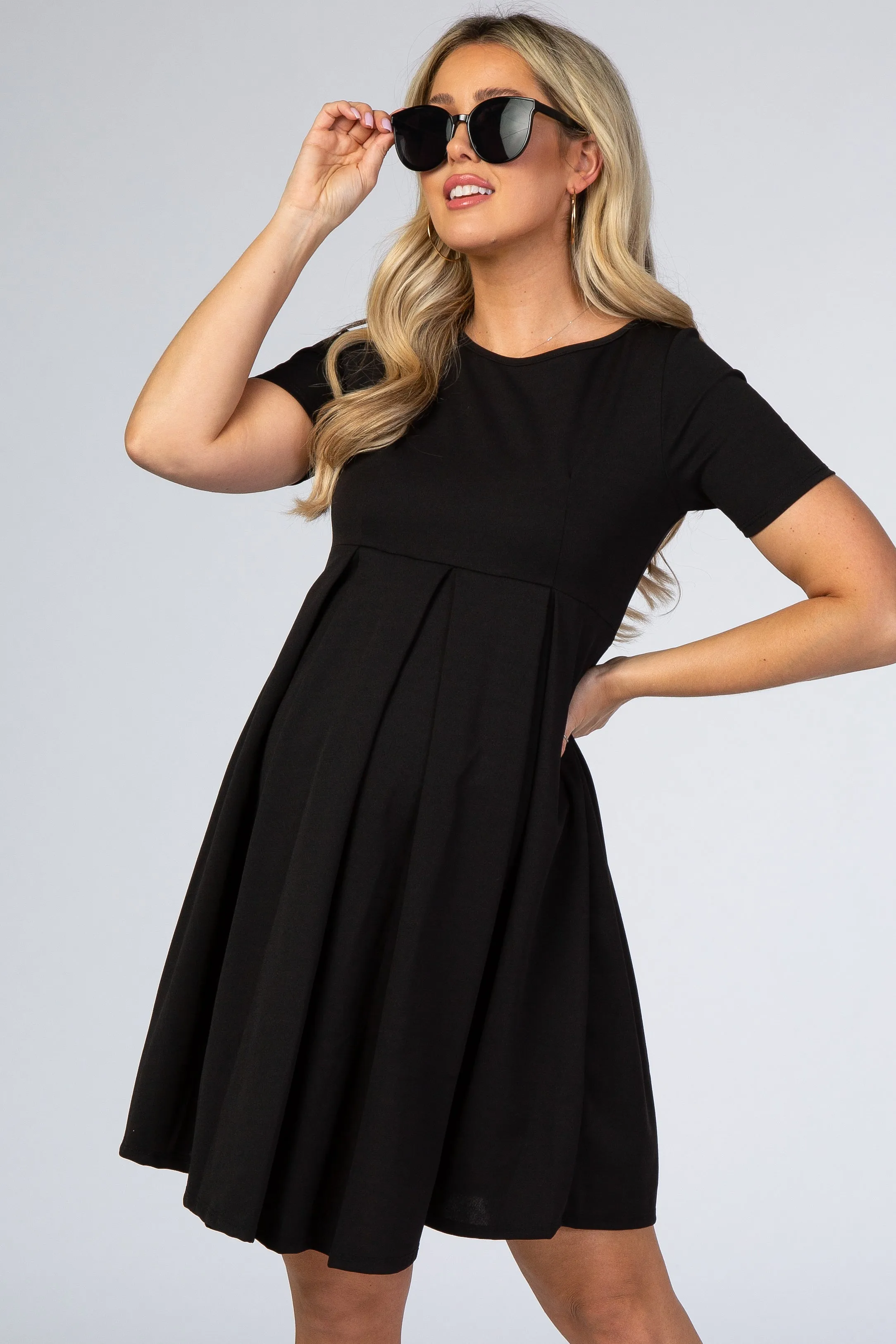 Black Short Sleeve Front Pleat Maternity Dress sold by Pinkblush