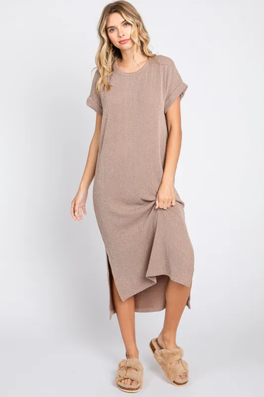 Mocha Ribbed Short Sleeve Midi Dress sold by Pinkblush