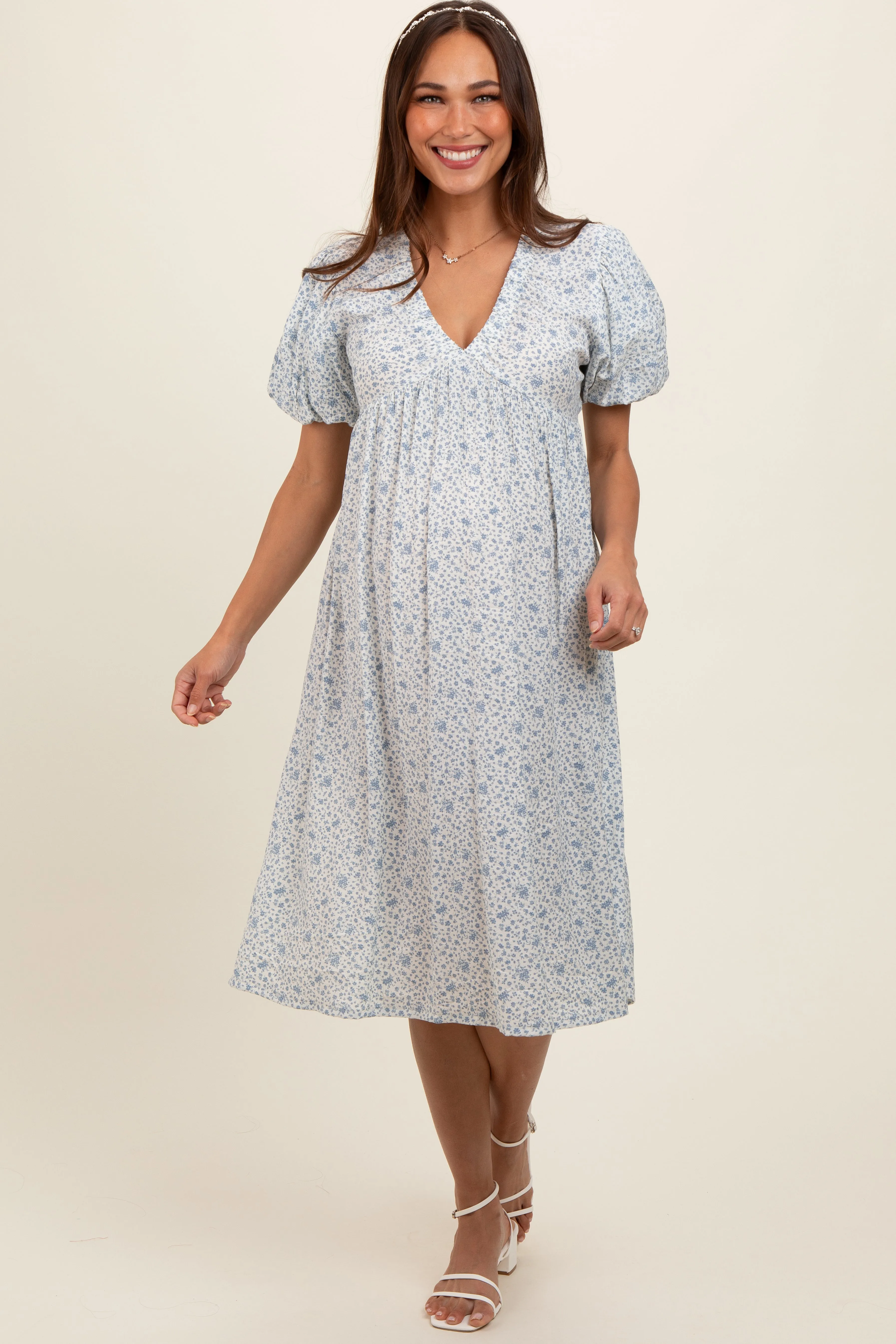 Light Blue Floral Puff Sleeve Maternity Midi Dress sold by Pinkblush