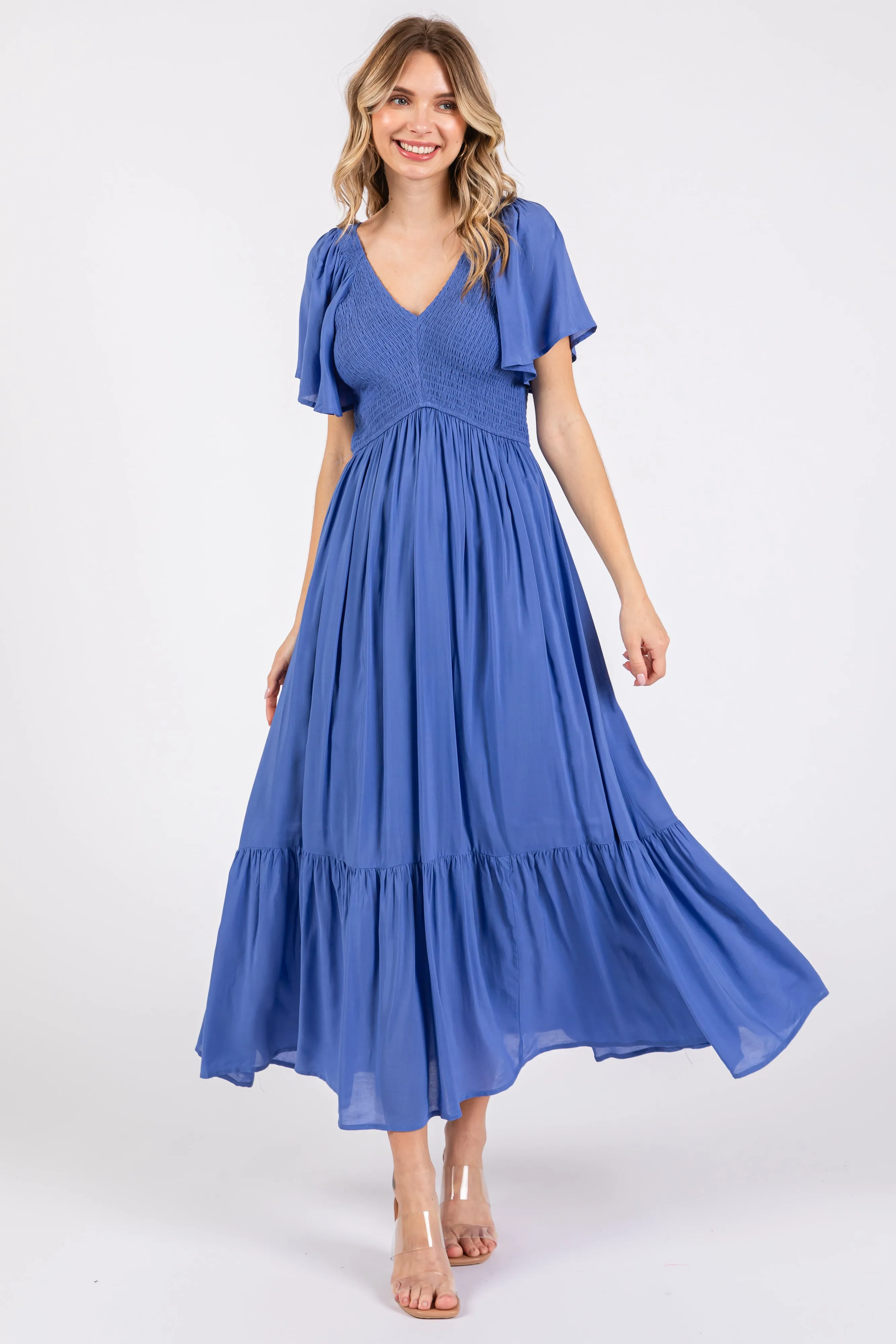Blue Smocked Flutter Sleeve Maternity Midi Dress sold by Pinkblush product image thumbnail 4