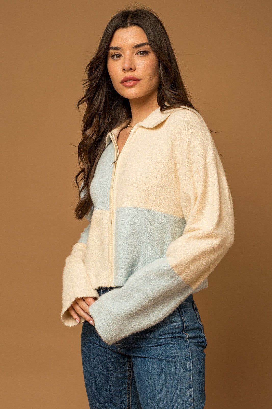 Cream Light Blue Color Block Zip-Up Knit Jacket sold by Pinkblush product image thumbnail 2