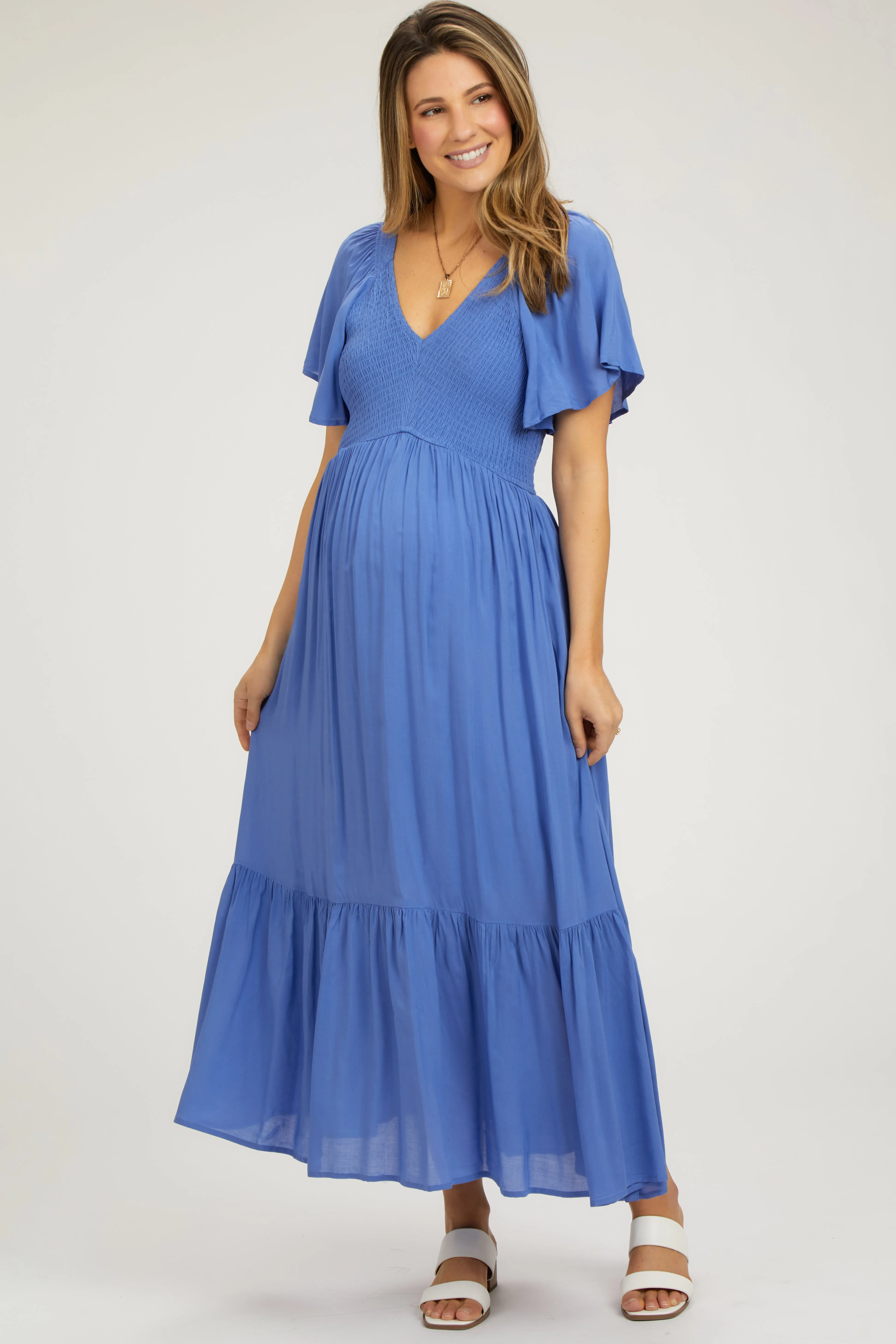 Blue Smocked Flutter Sleeve Maternity Midi Dress sold by Pinkblush