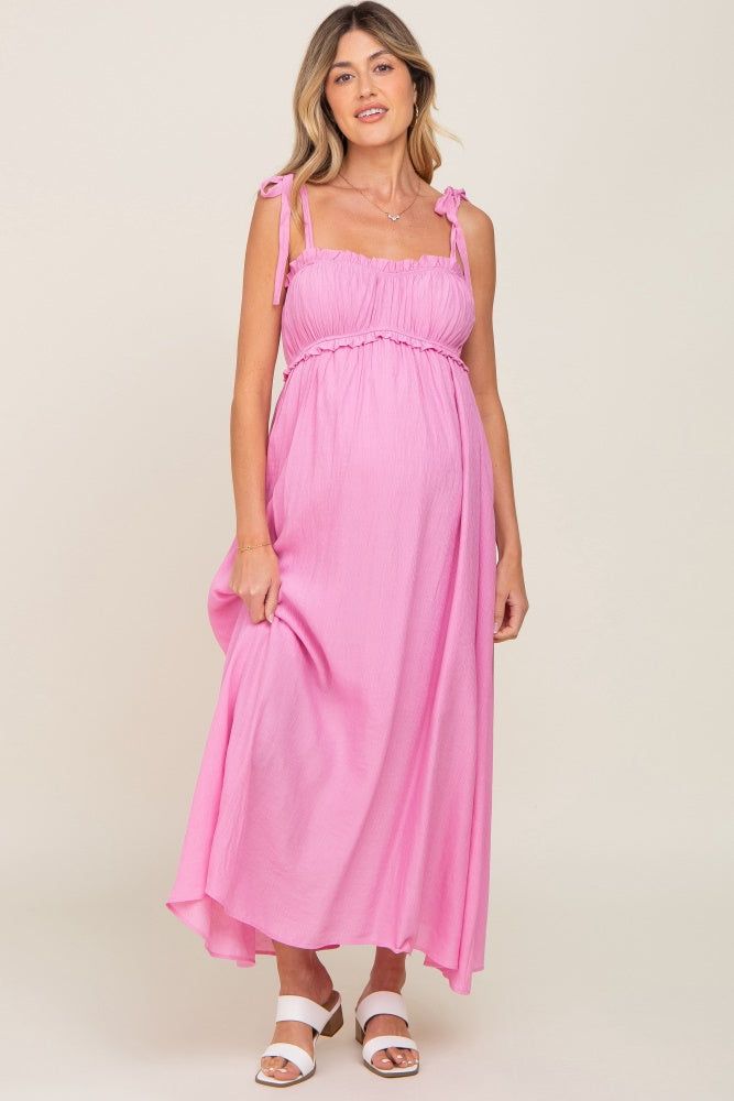 Pink Sleeveless Ruffle Trim Maternity Maxi Dress sold by Pinkblush