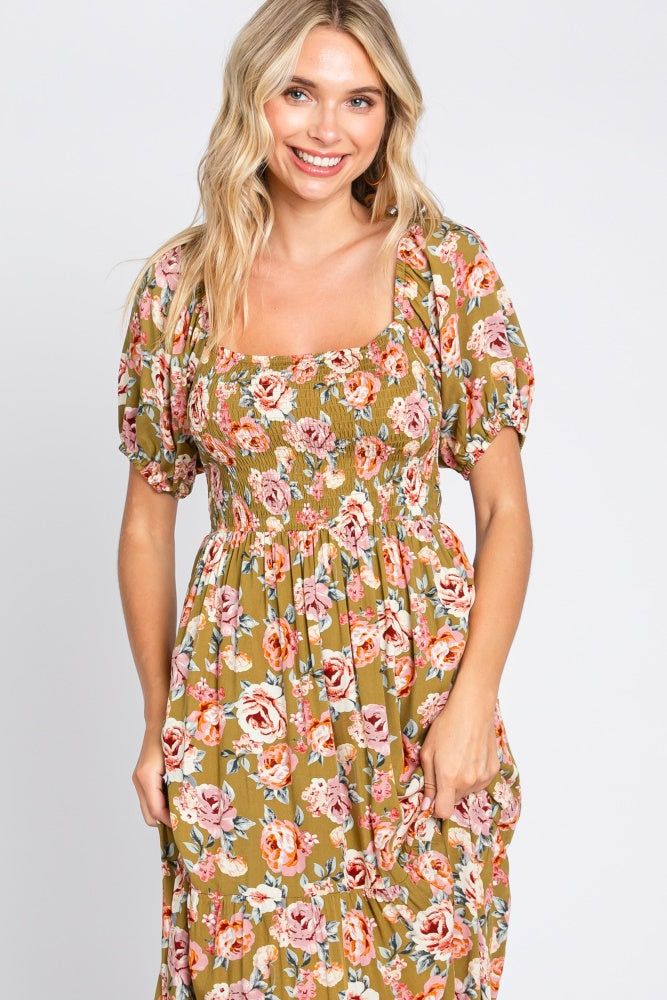 Olive Floral Smocked Square Neck Tiered Maxi Dress sold by Pinkblush product image thumbnail 4