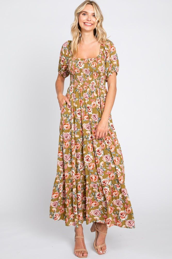 Olive Floral Smocked Square Neck Tiered Maxi Dress sold by Pinkblush