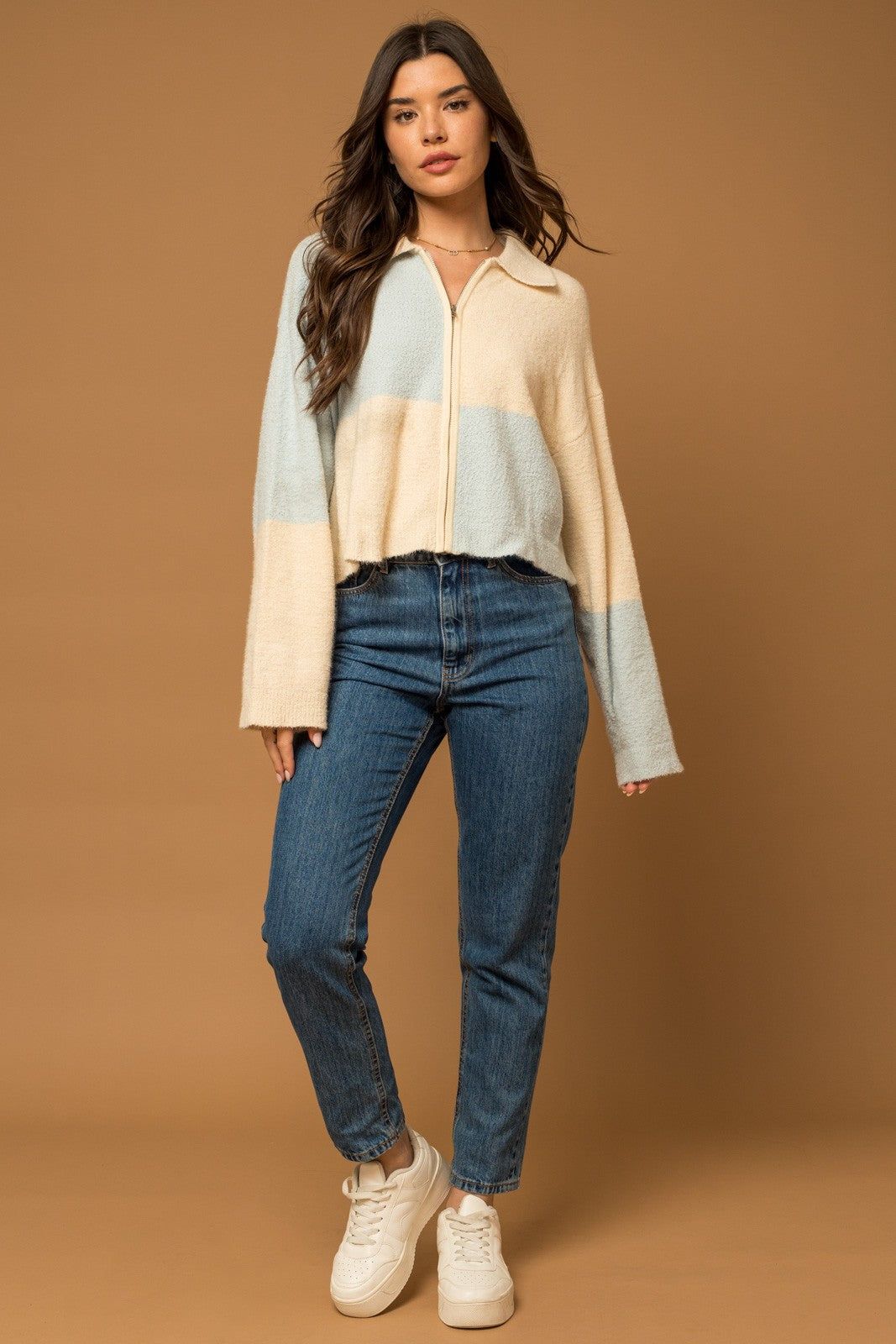 Cream Light Blue Color Block Zip-Up Knit Jacket sold by Pinkblush product image thumbnail 5