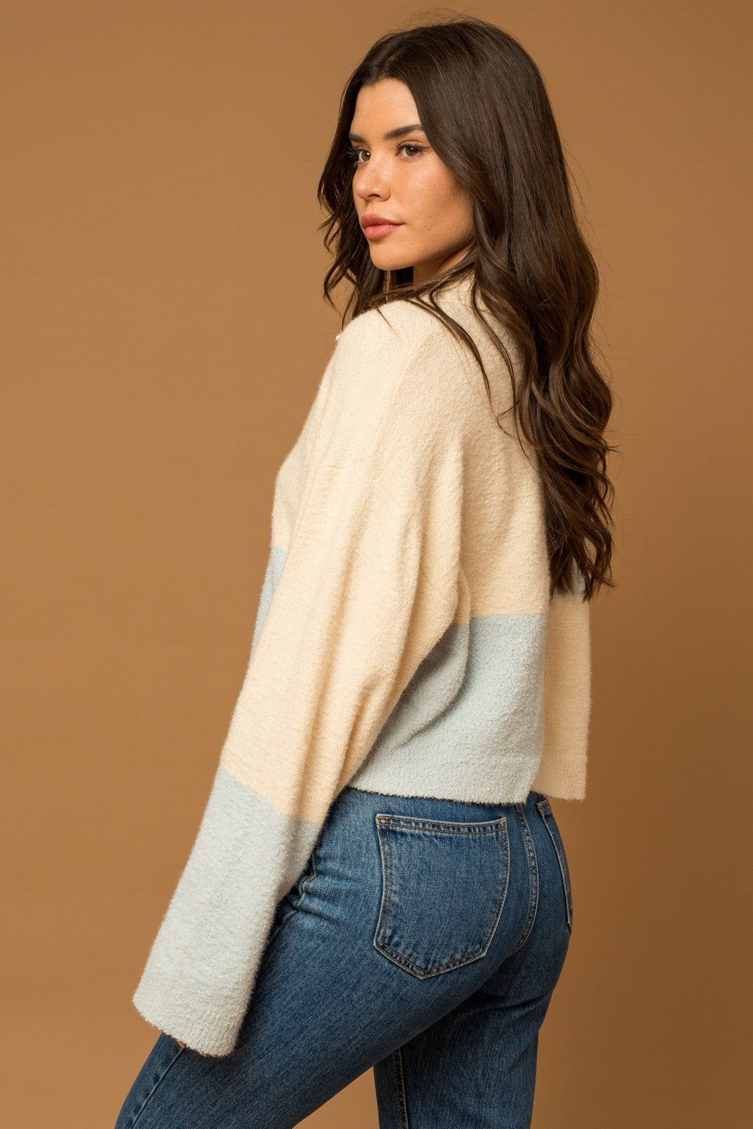 Cream Light Blue Color Block Zip-Up Knit Jacket sold by Pinkblush product image thumbnail 3