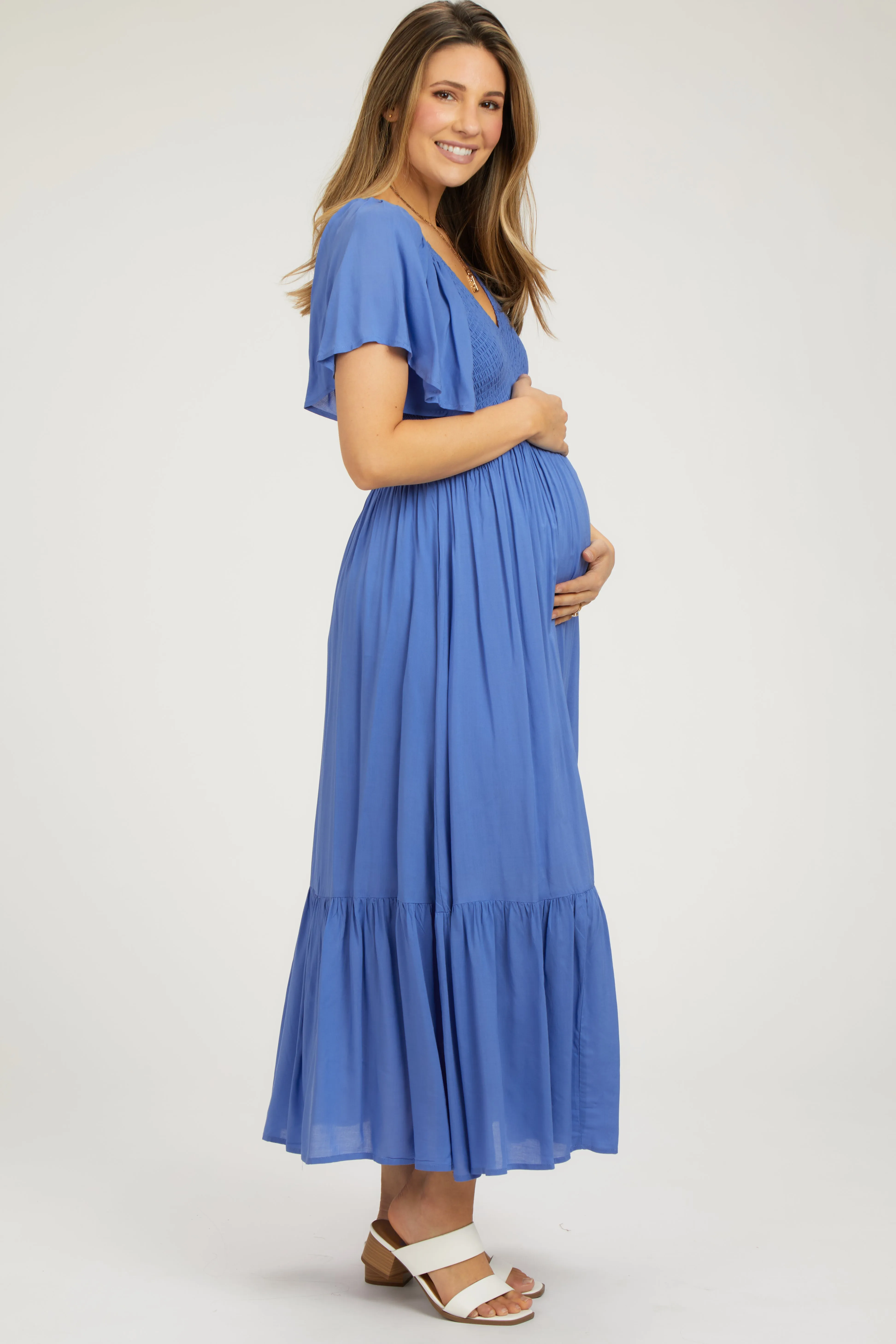 Blue Smocked Flutter Sleeve Maternity Midi Dress sold by Pinkblush product image thumbnail 2