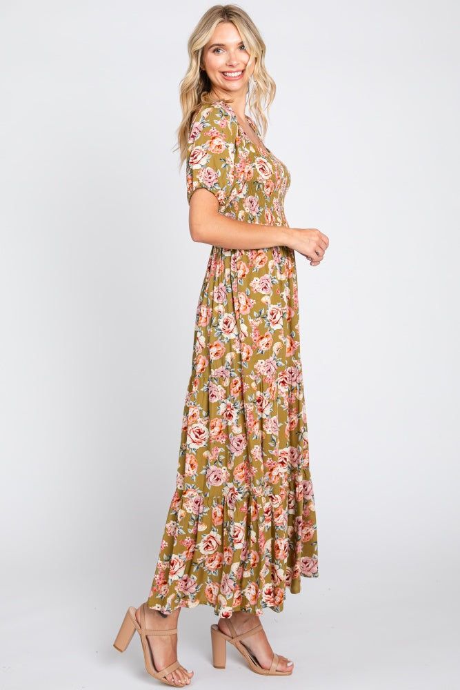 Olive Floral Smocked Square Neck Tiered Maxi Dress sold by Pinkblush product image thumbnail 2