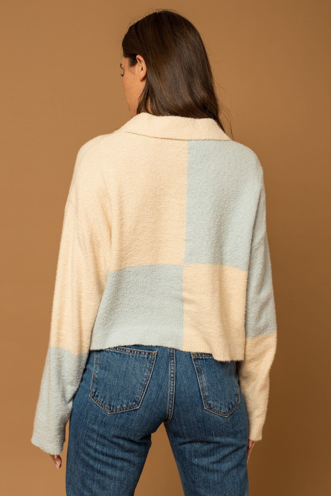 Cream Light Blue Color Block Zip-Up Knit Jacket sold by Pinkblush product image thumbnail 4