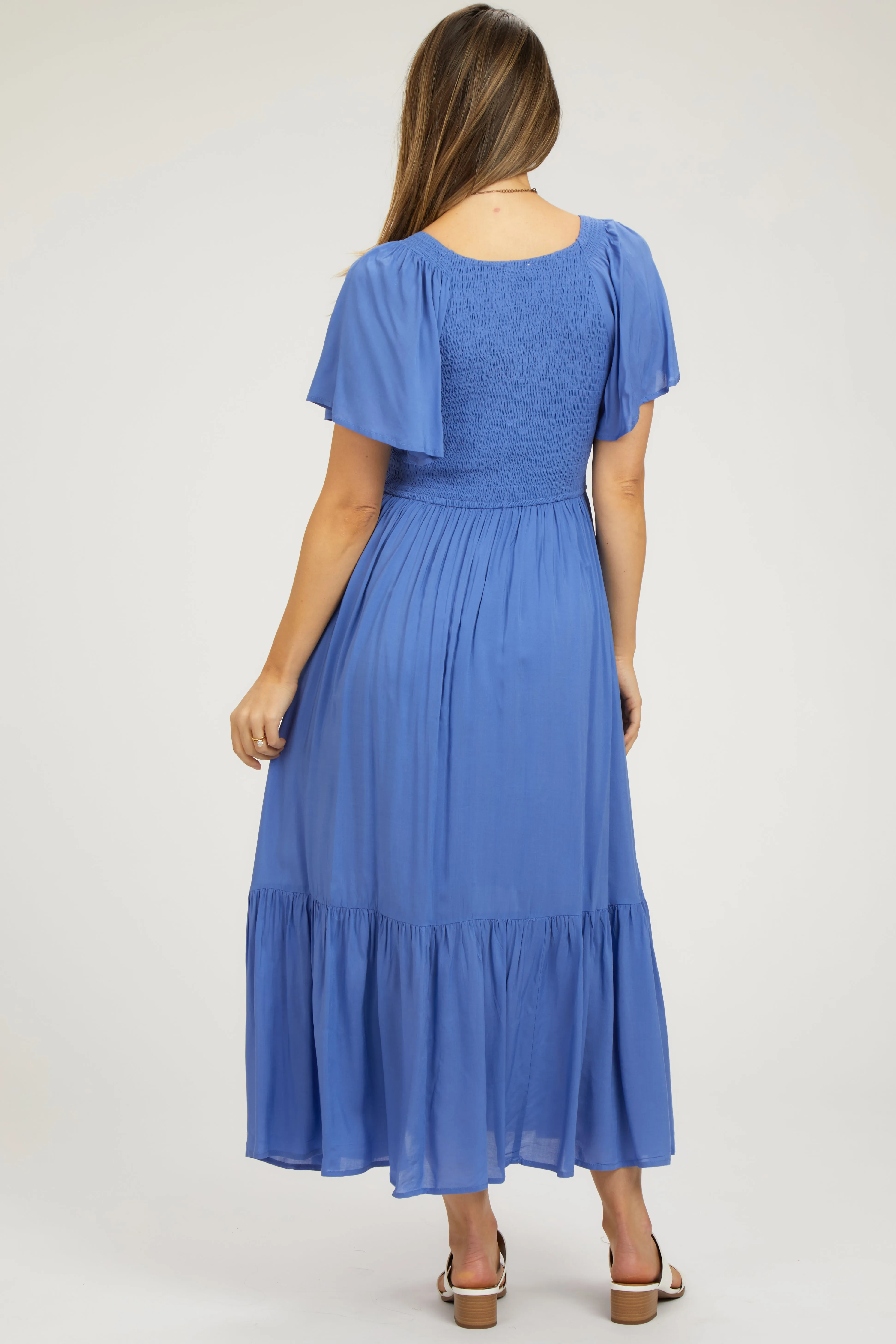 Blue Smocked Flutter Sleeve Maternity Midi Dress sold by Pinkblush product image thumbnail 3