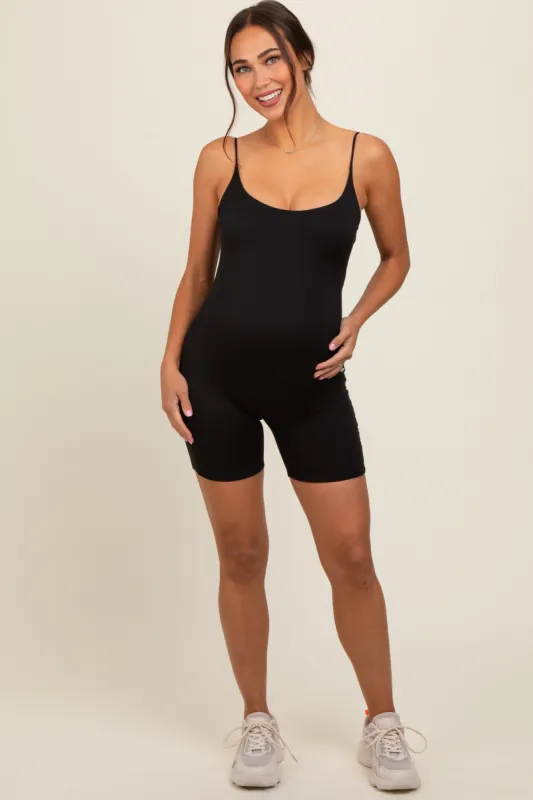 Black Sleeveless Bodycon Biker Short Maternity Romper sold by Pinkblush