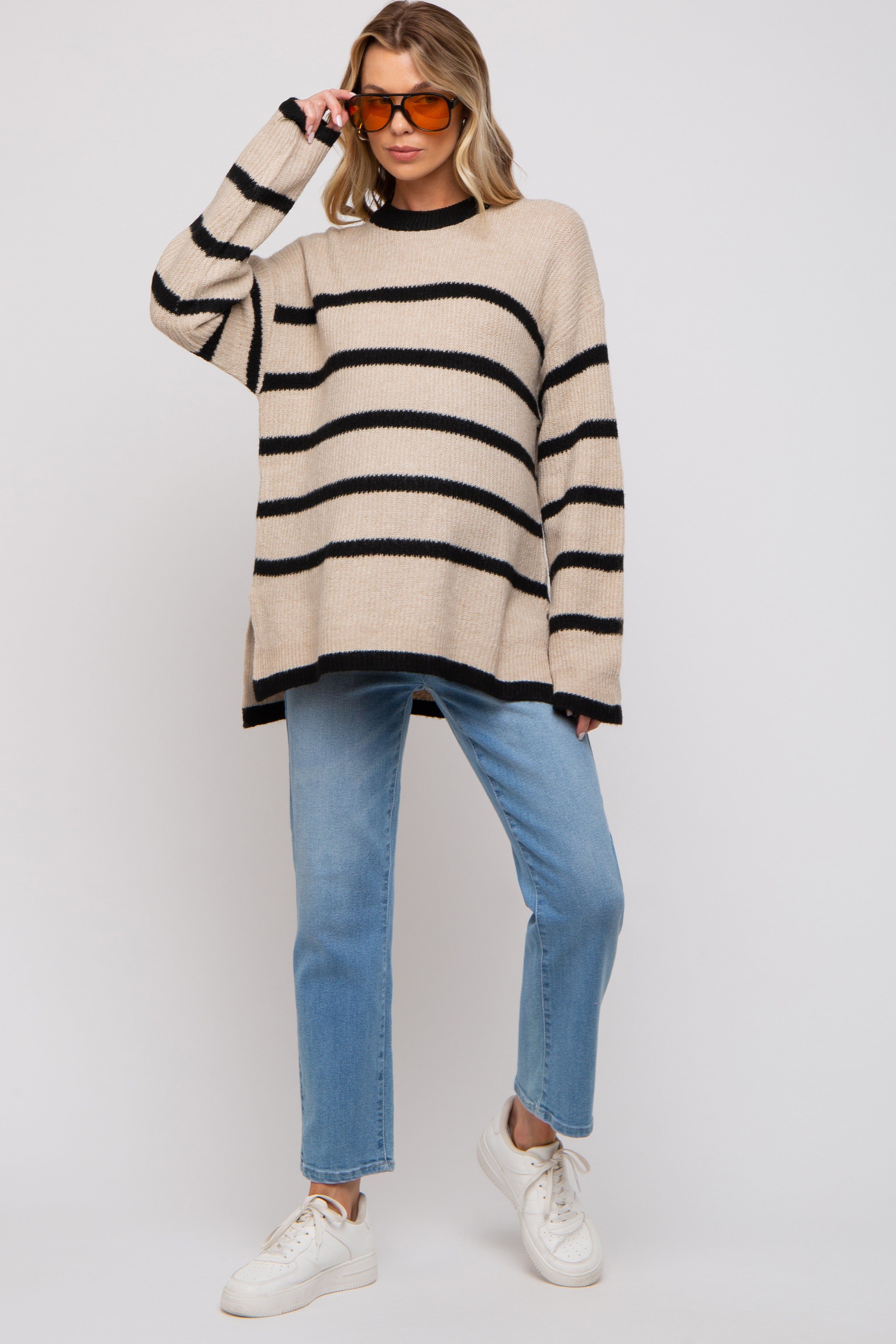 Beige Striped Knit Lightweight Maternity Sweater sold by Pinkblush product image thumbnail 3