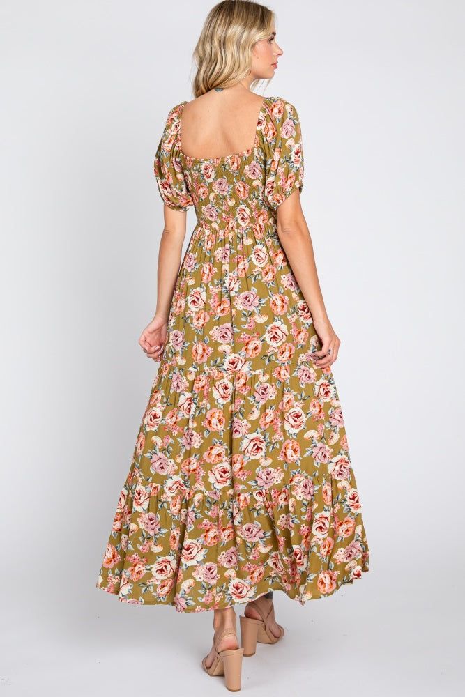 Olive Floral Smocked Square Neck Tiered Maxi Dress sold by Pinkblush product image thumbnail 3