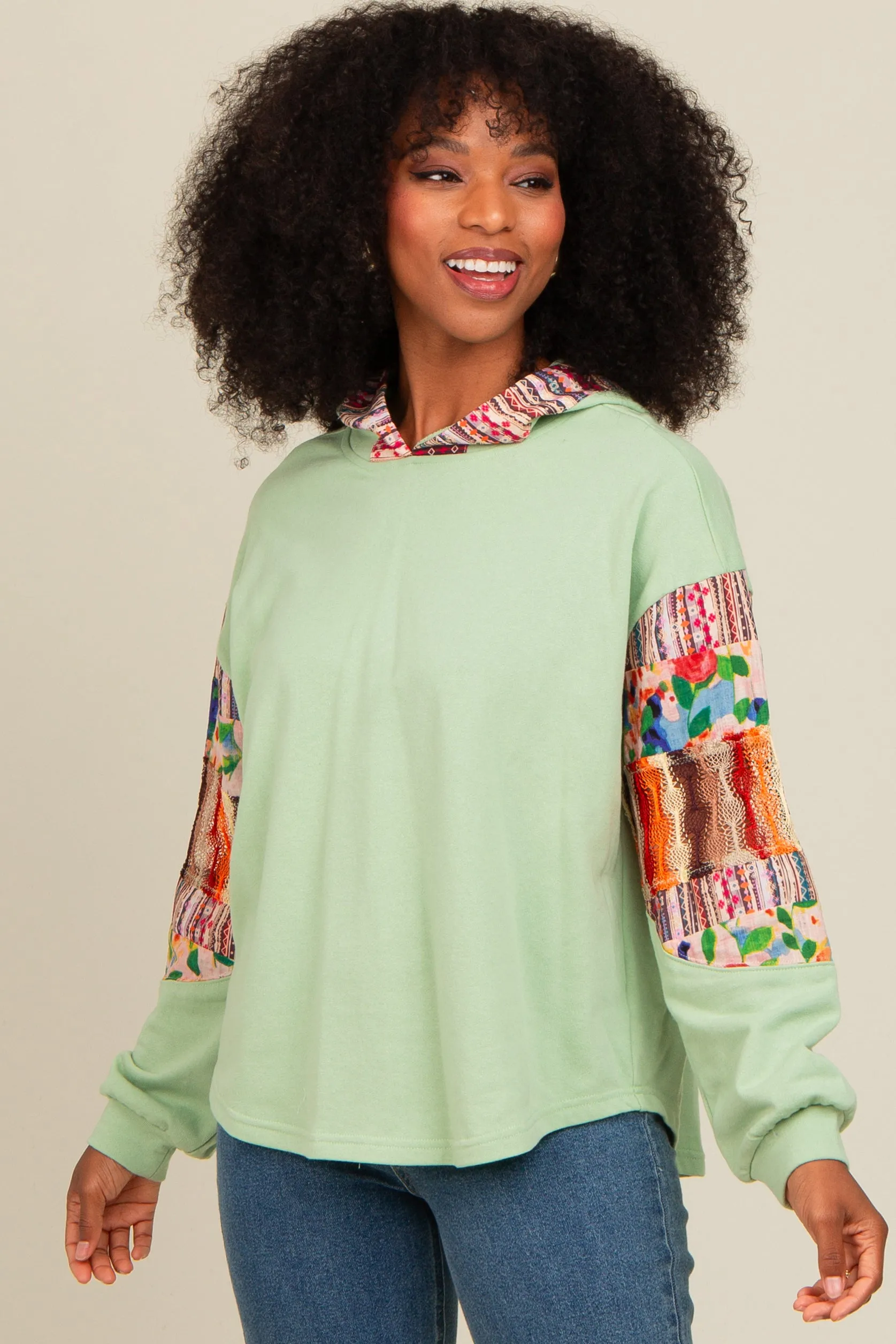 Mint Green Contrast Print Sleeve Hooded Top sold by Pinkblush