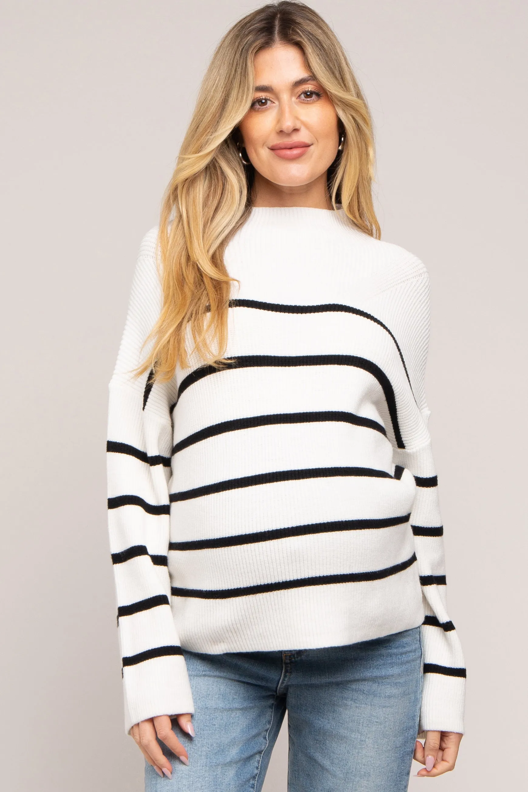Ivory Striped Mock Neck Maternity Sweater sold by Pinkblush