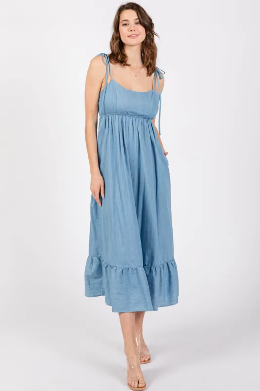 Blue Chambray Sleeveless Ruffle Hem Midi Dress sold by Pinkblush