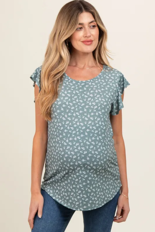 Olive Floral Ruffle Sleeve Maternity Top made by Pinkblush