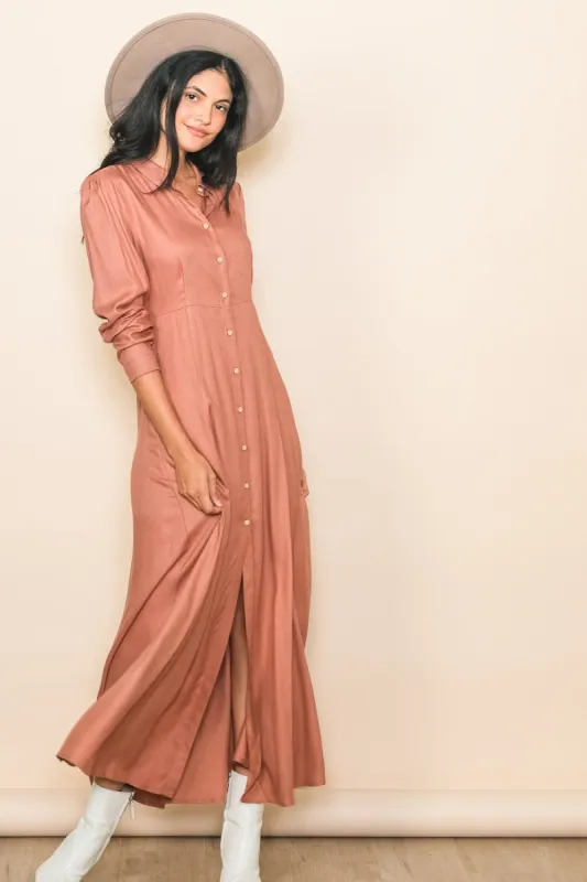 Rust Collared Button Down Long Sleeve Maxi Dress sold by Pinkblush