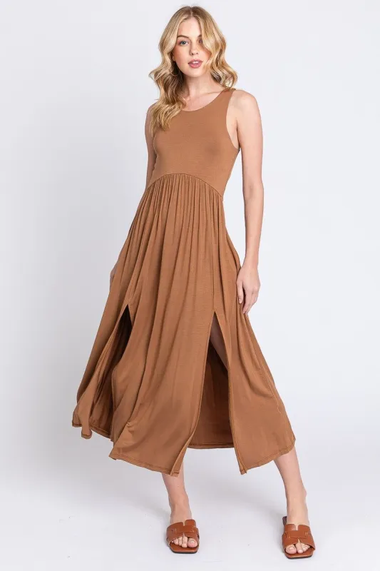 Amber Brown Sleeveless Slitted Dress made by Pinkblush