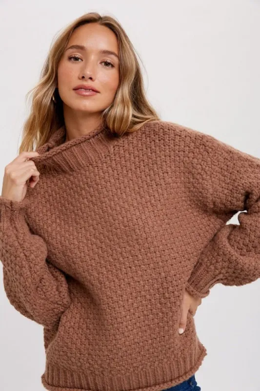 Mocha Chunky Knit Mock Neck Sweater sold by Pinkblush