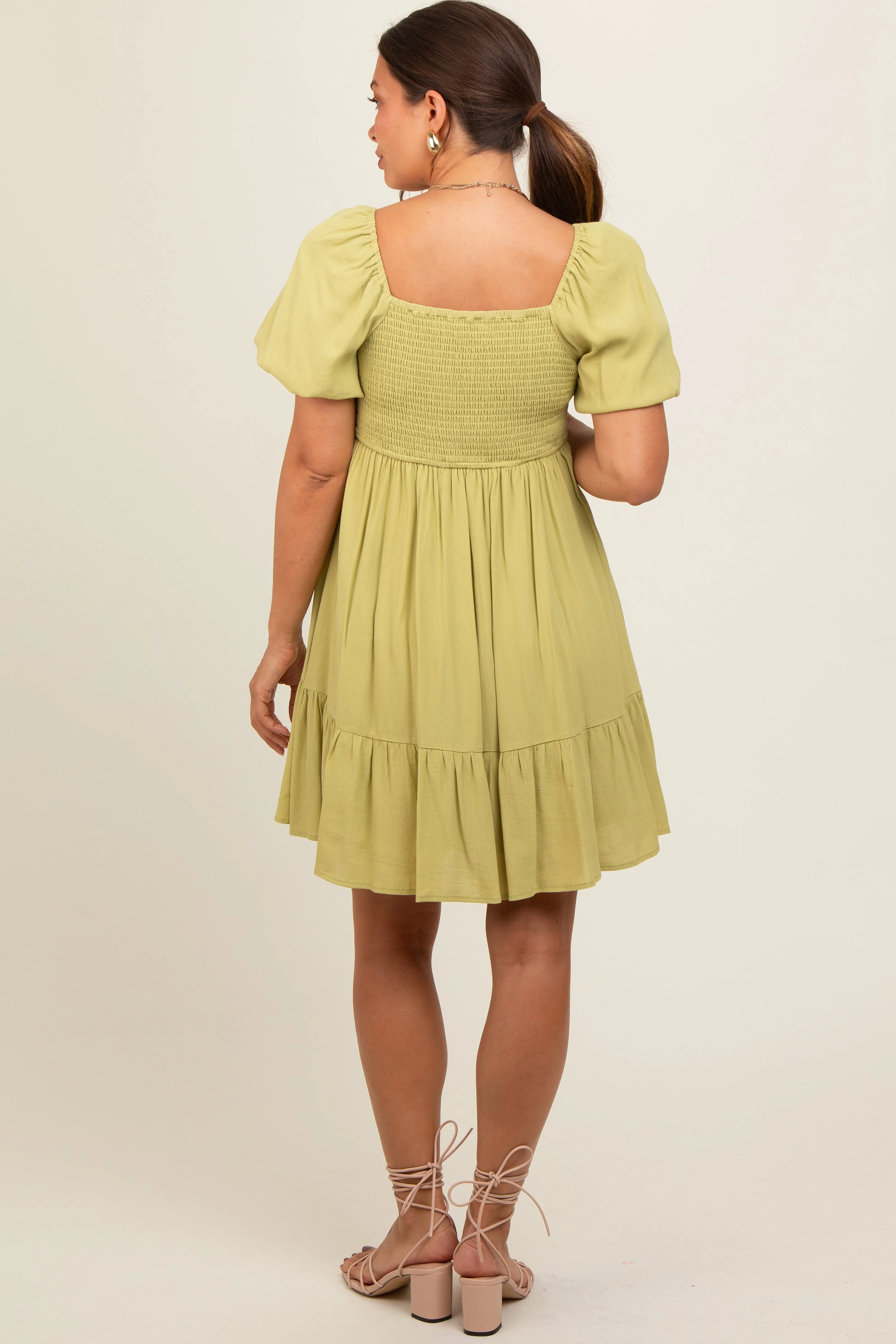 Light Olive U Notched Bubble Short Sleeve Maternity Dress sold by Pinkblush product image thumbnail 4