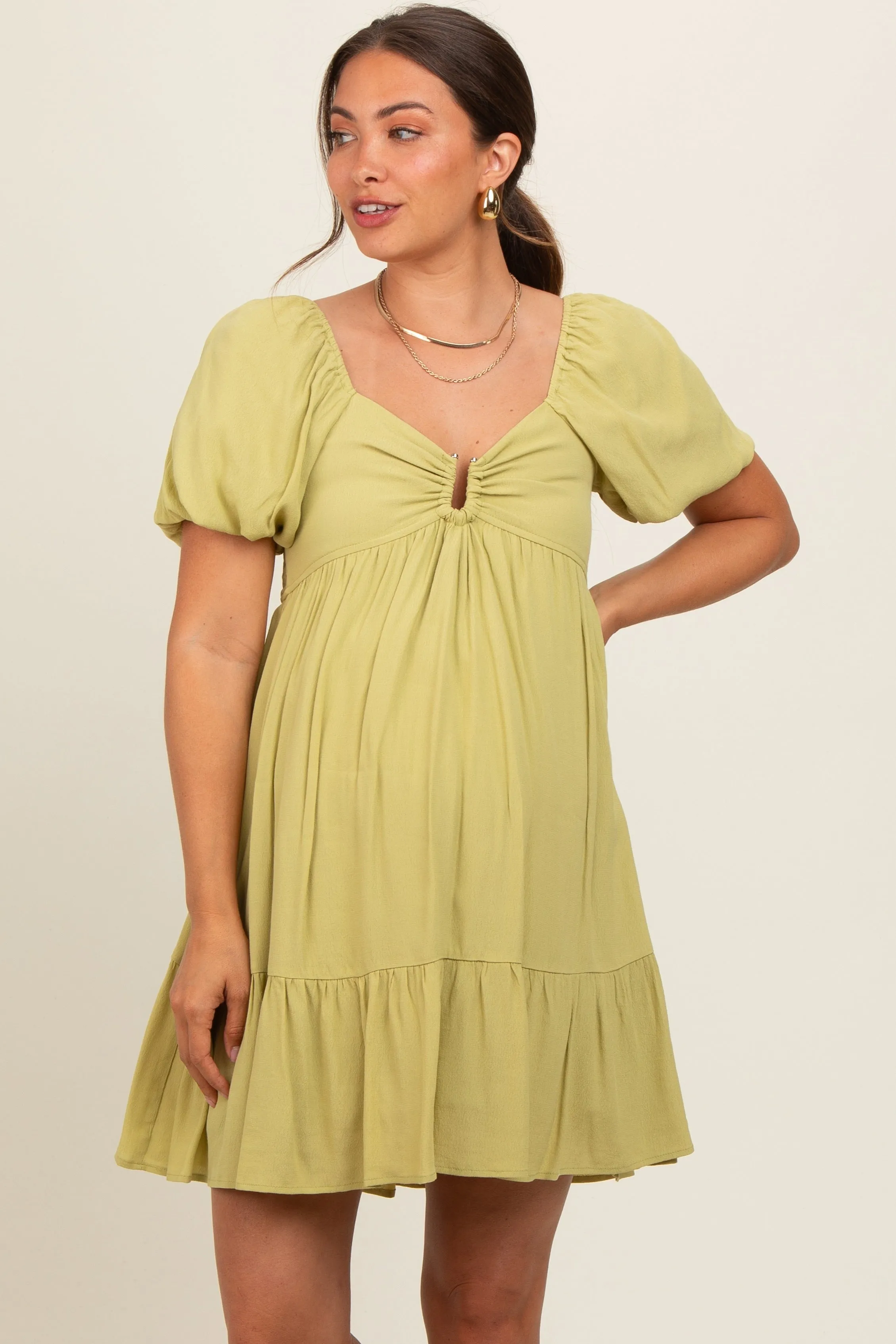 Light Olive U Notched Bubble Short Sleeve Maternity Dress sold by Pinkblush
