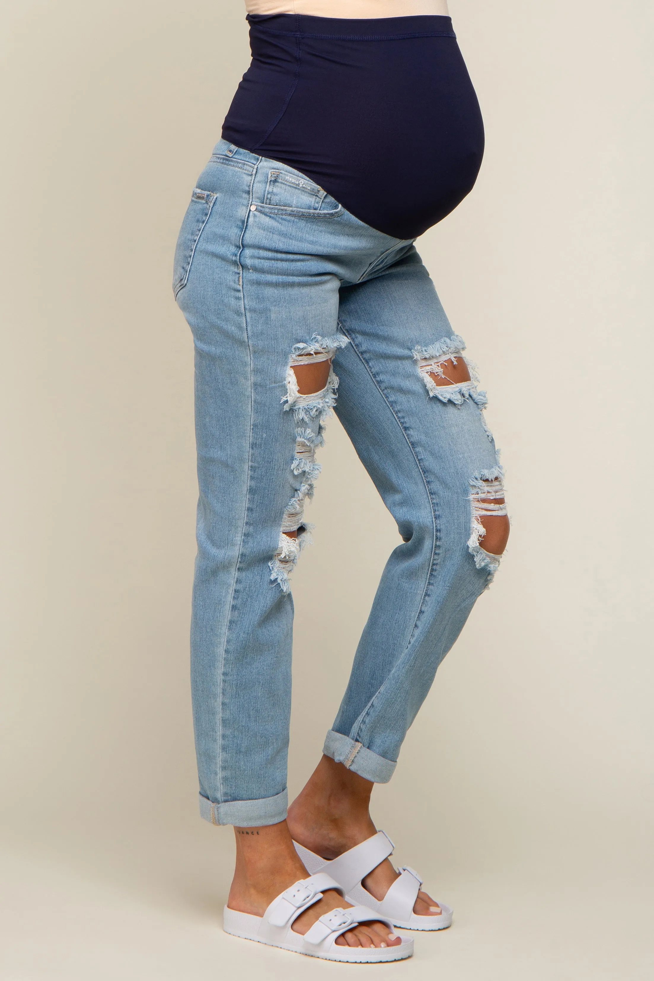 Light Blue Distressed Cuffed Maternity Skinny Jeans sold by Pinkblush product image thumbnail 3
