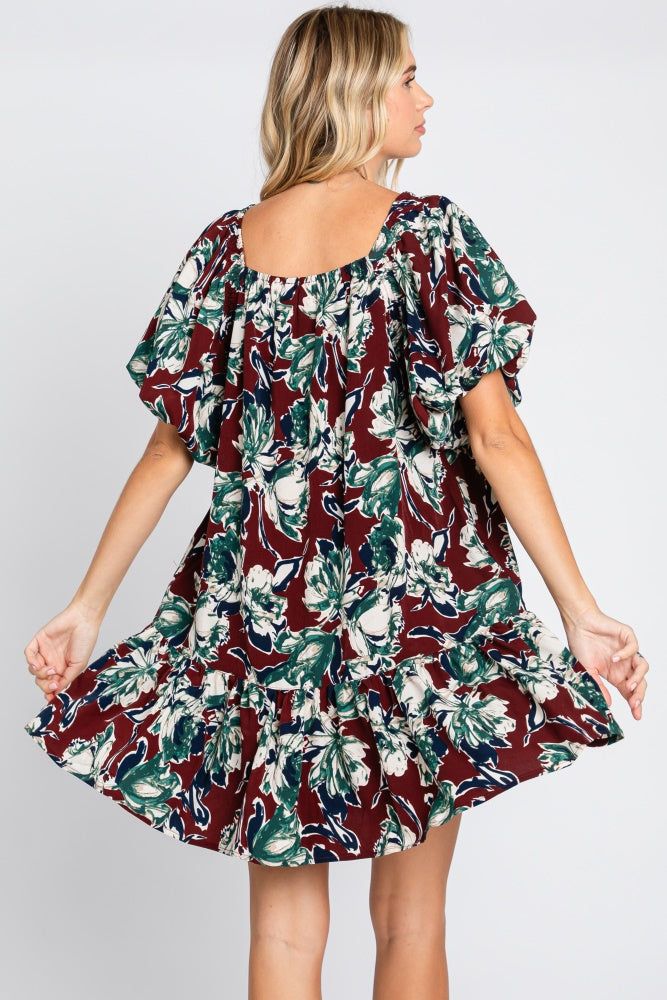 Burgundy Floral Puff Sleeve Dress sold by Pinkblush product image thumbnail 3