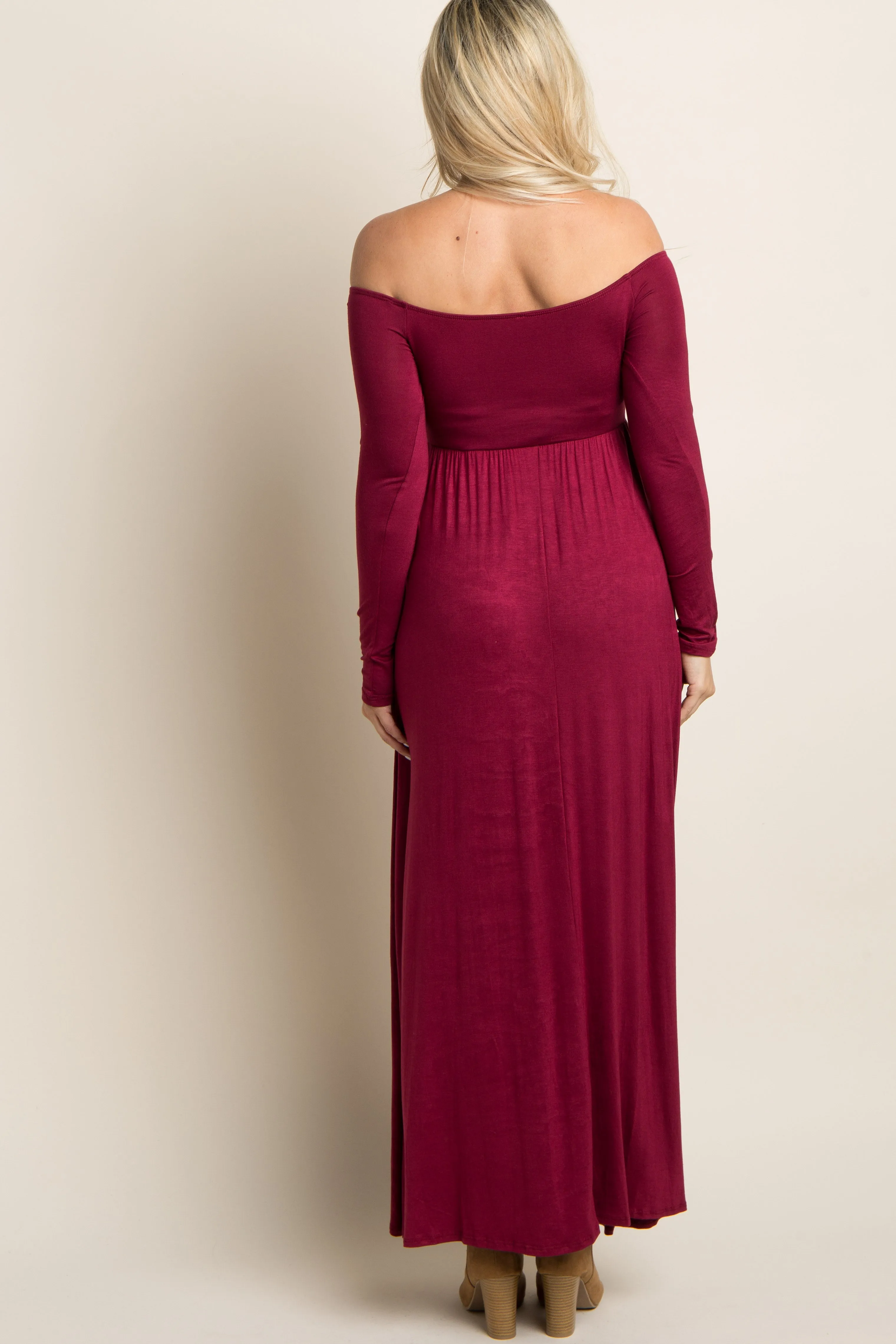 PinkBlush Petite Dark Burgundy Solid Off Shoulder Maternity Maxi Dress sold by Pinkblush product image thumbnail 3