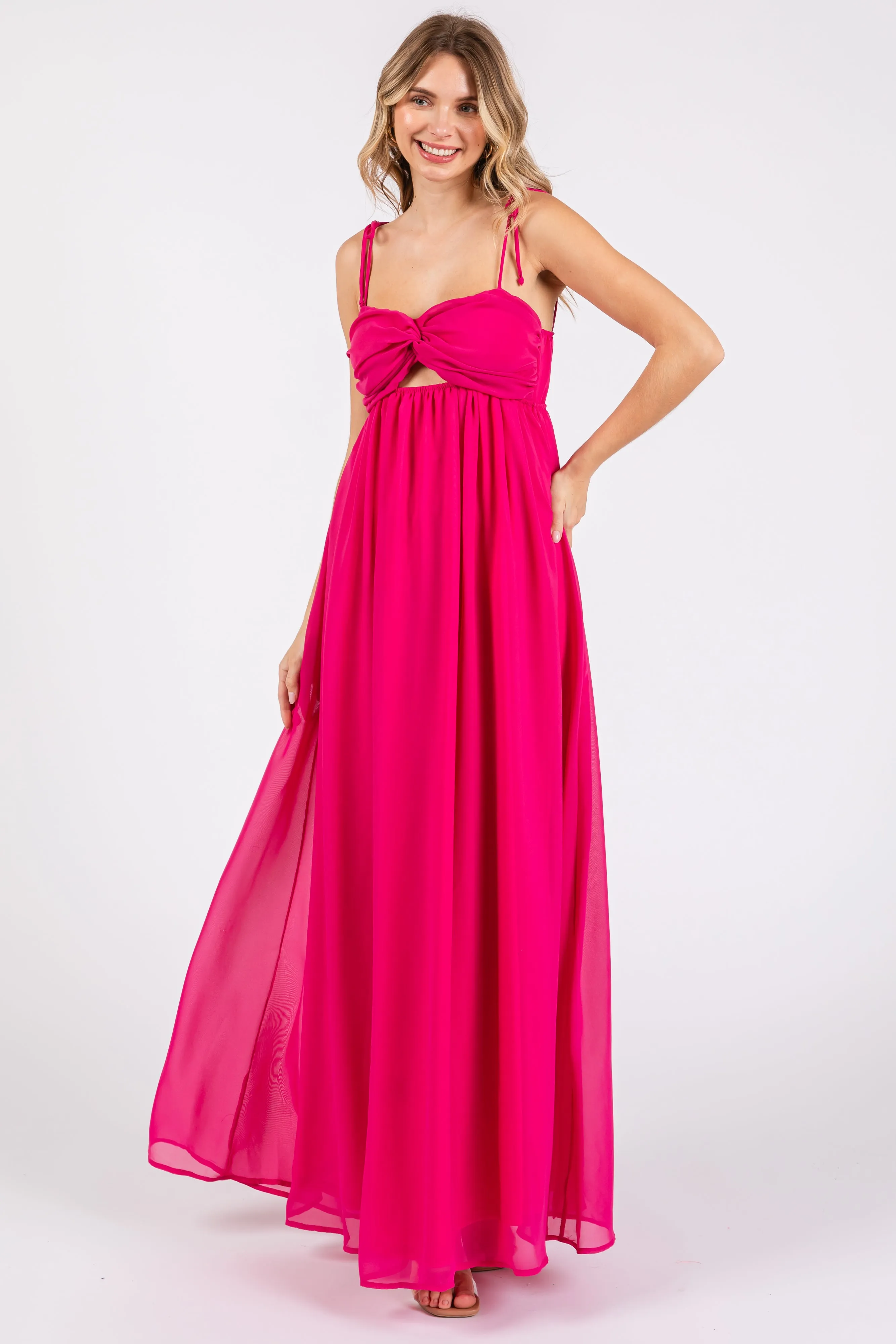 Fuchsia Chiffon Sleeveless Cutout Front Maxi Dress sold by Pinkblush