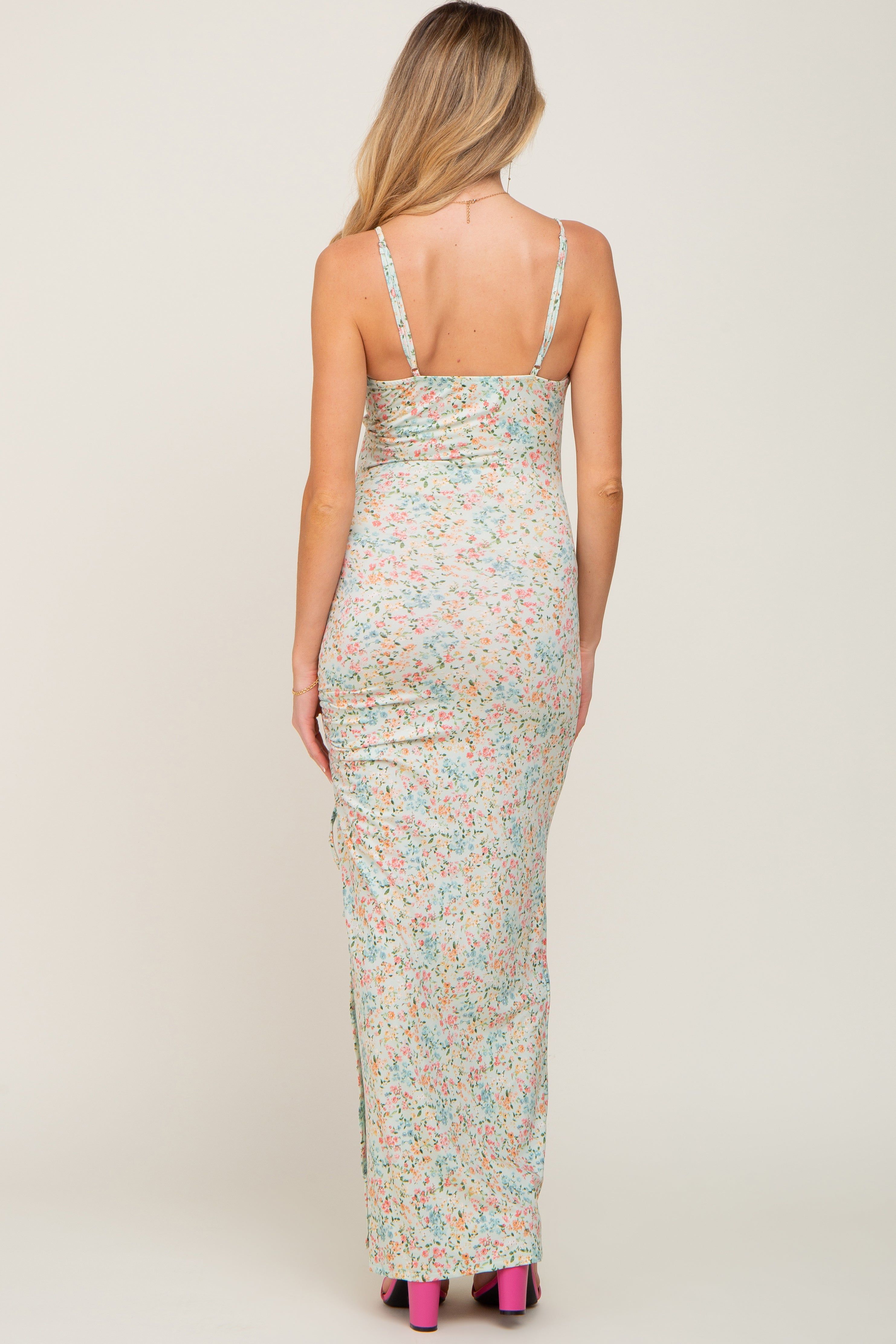 Mint Green Floral Side Slit Ruched Maternity Maxi Dress sold by Pinkblush product image thumbnail 3